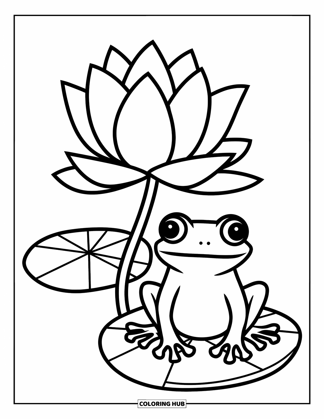 Lotus Coloring Page for Kids: Frog sits on a lily pad beside a blooming lotus