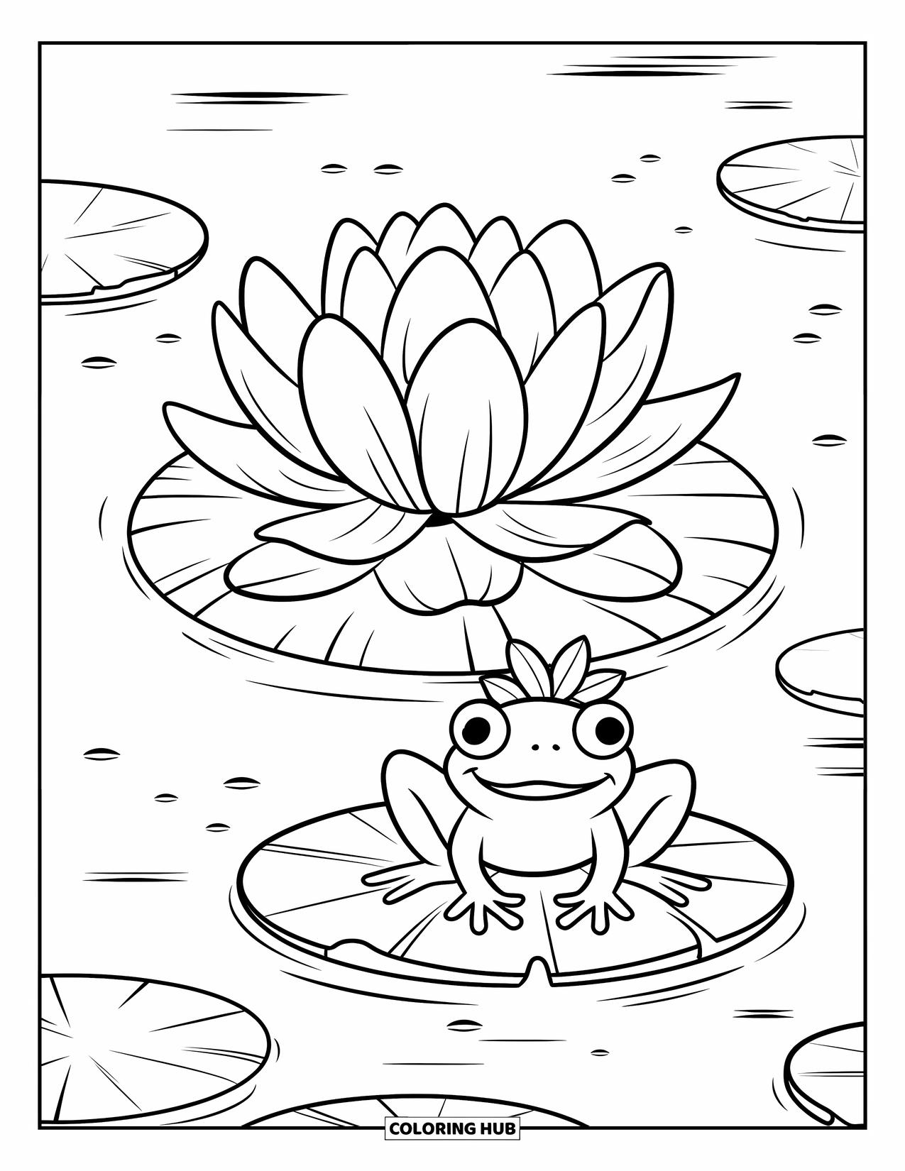 Lotus Coloring Page for Kids: Frog with a leaf crown rests on a lily pad by a lotus
