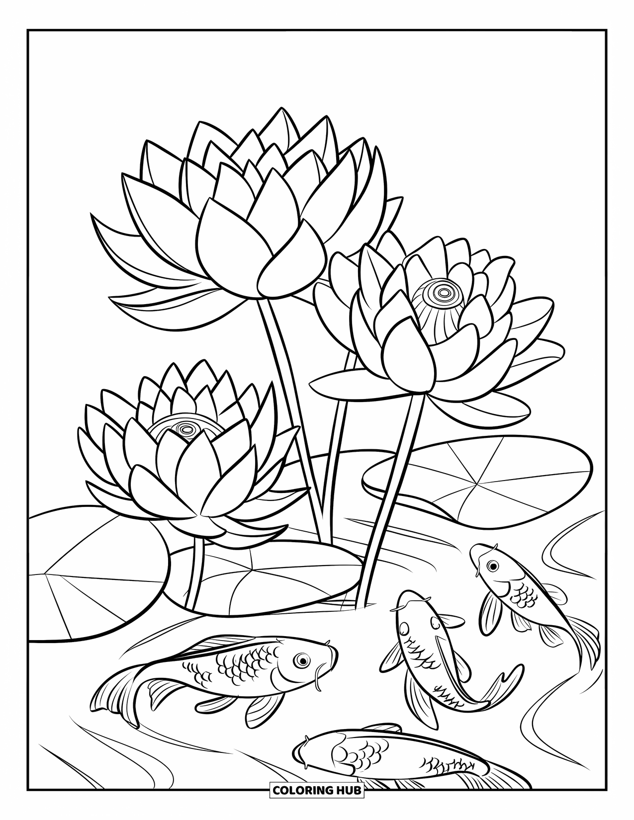 Lotus Coloring Page for Kids: Lotus blooms and koi fish fill a peaceful pond scene