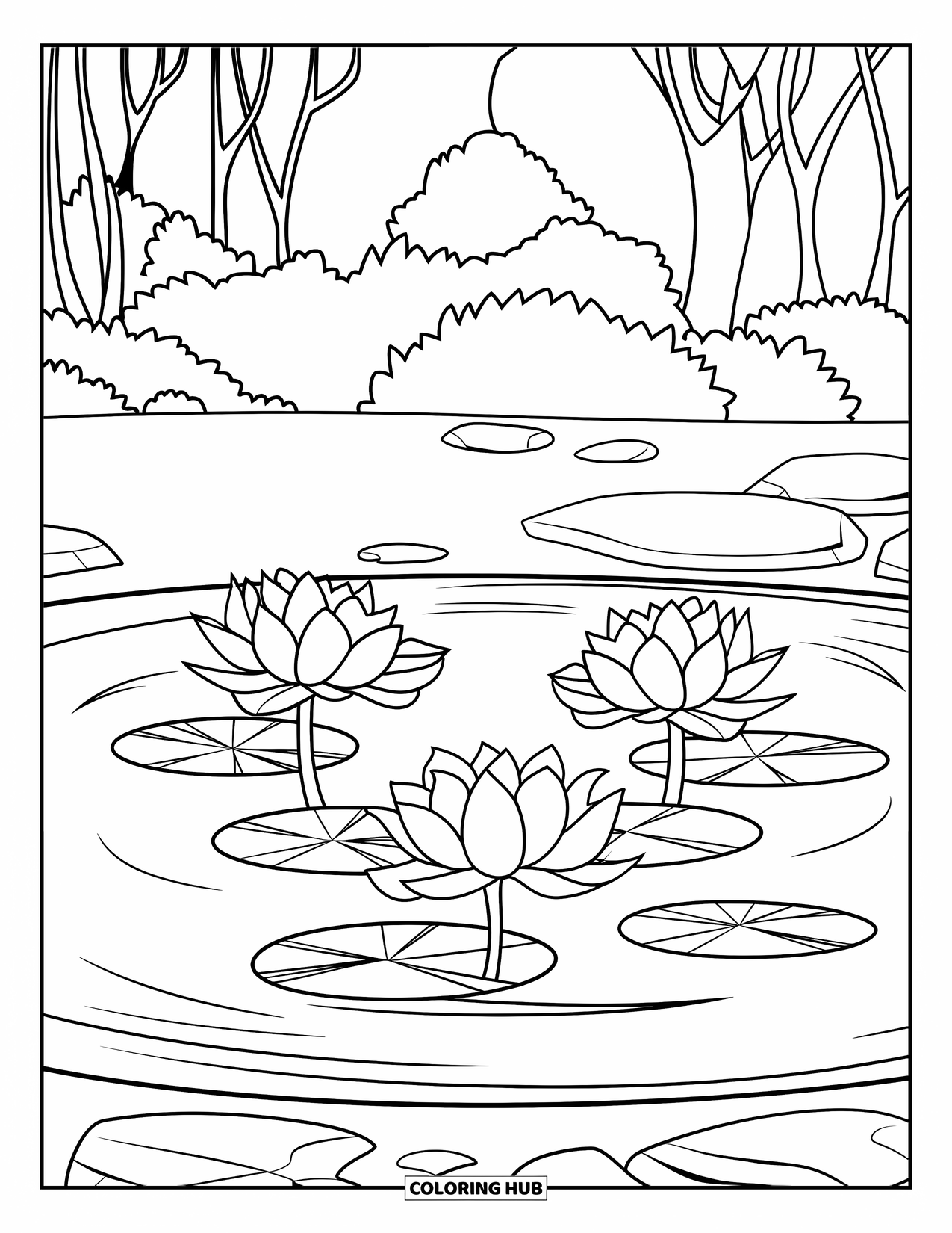 Lotus Coloring Page for Kids: Lotus blooms gently on a pond surrounded by rocks and trees