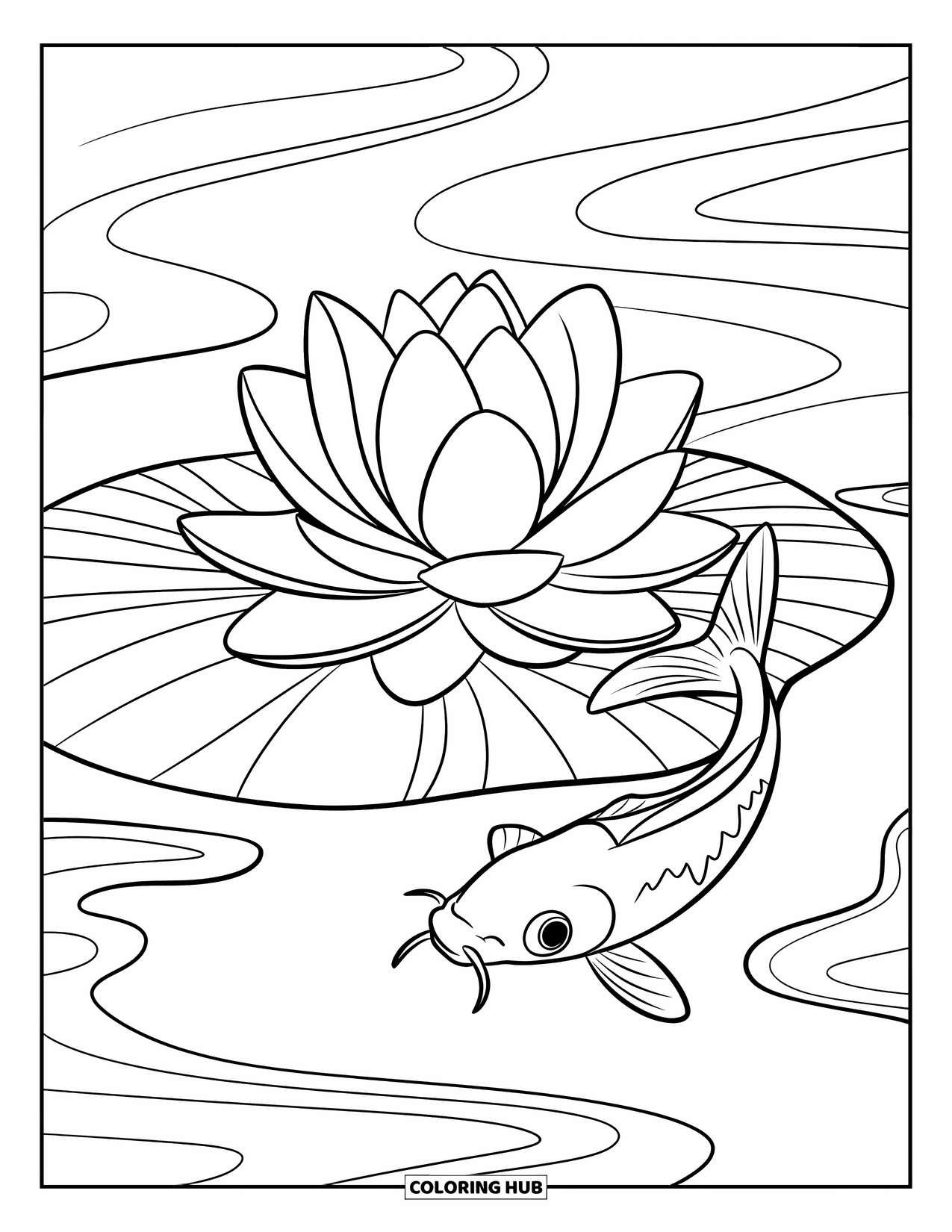 Lotus Coloring Page for Kids: Lotus flower and koi fish float gently in a peaceful pond