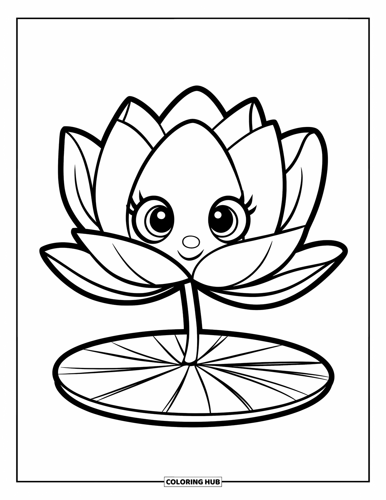 Lotus Coloring Page for Kids: Lotus flower with big petals floats peacefully on simple waters