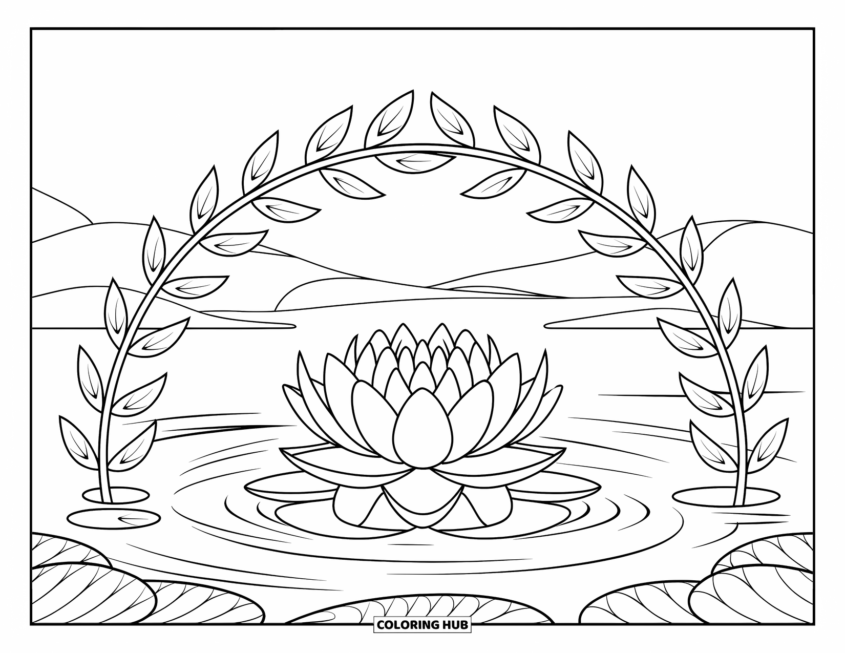 Lotus Coloring Page for Kids: Lotus rests on calm water under willow leaves with distant mountains