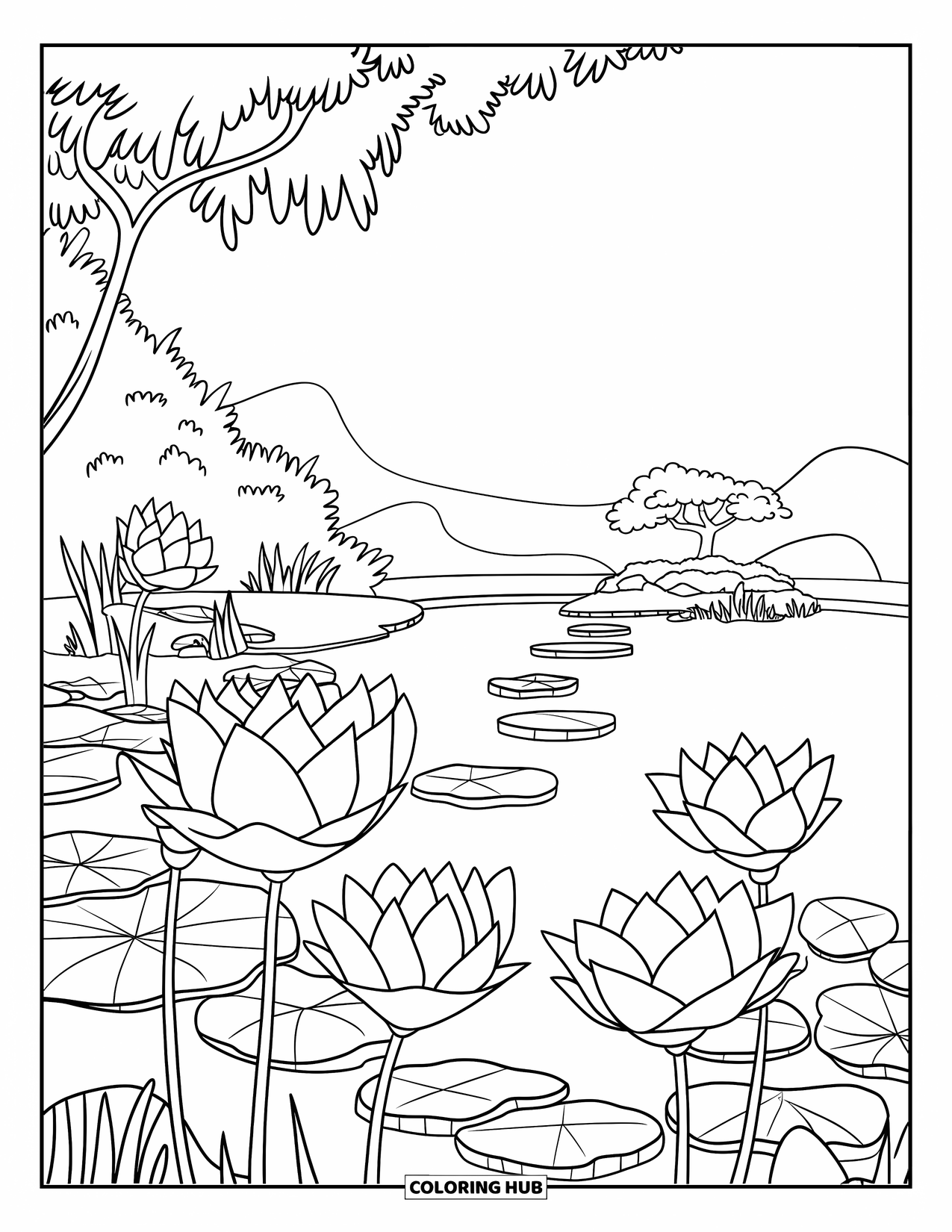 Lotus Coloring Page for Kids: Lotuses bloom beside a path of stones in a mountain garden