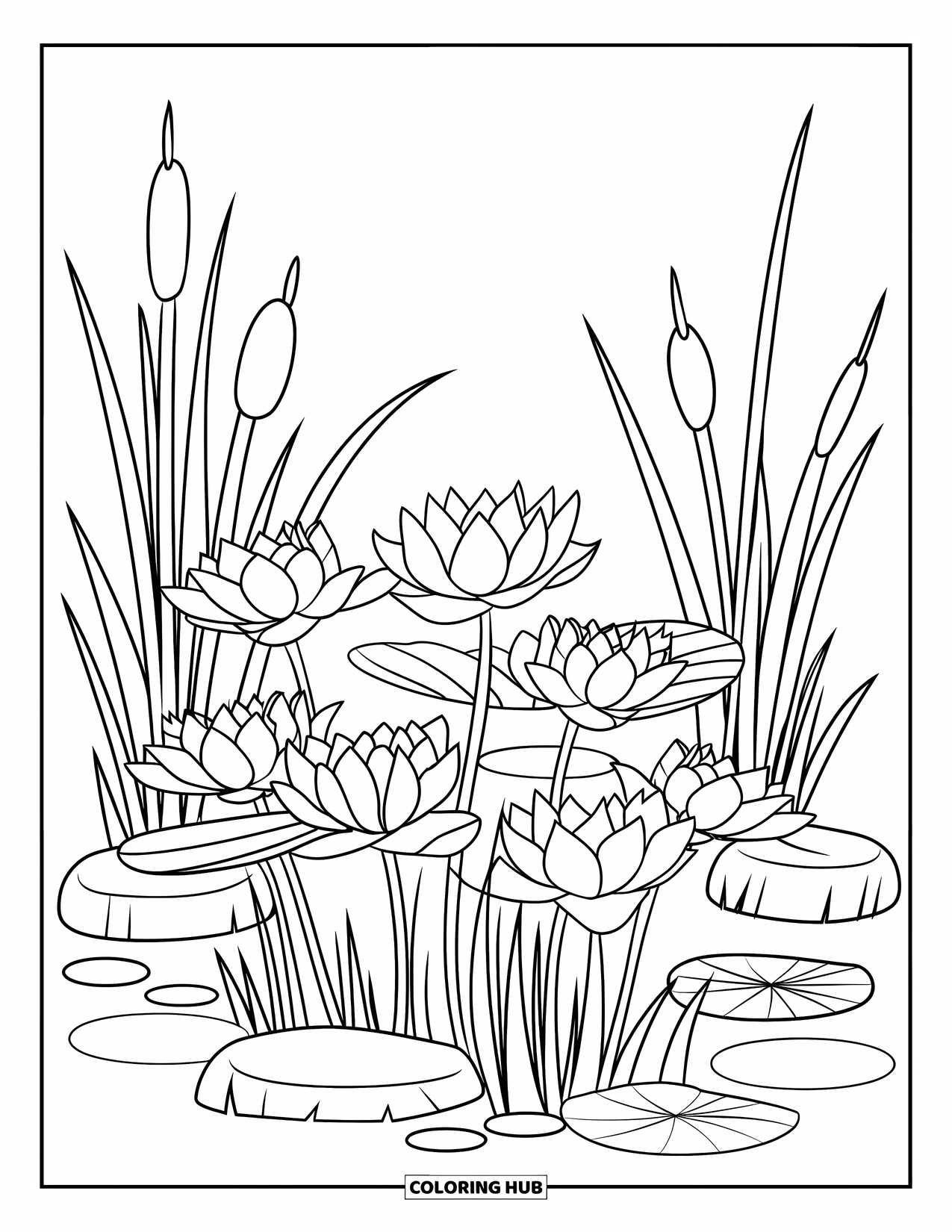 Lotus Coloring Page for Kids: Lotuses near reeds and pond stones in a fun garden scene