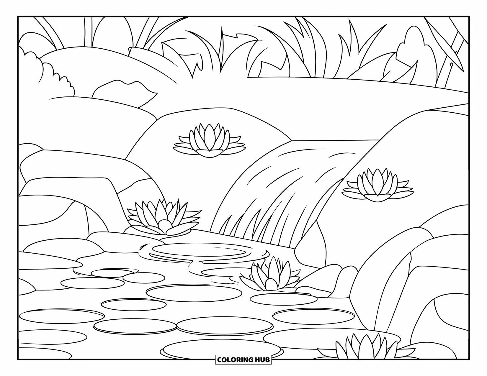Lotus Coloring Page for Kids: Pond with lotus flowers and waterfall surrounded by tall greenery