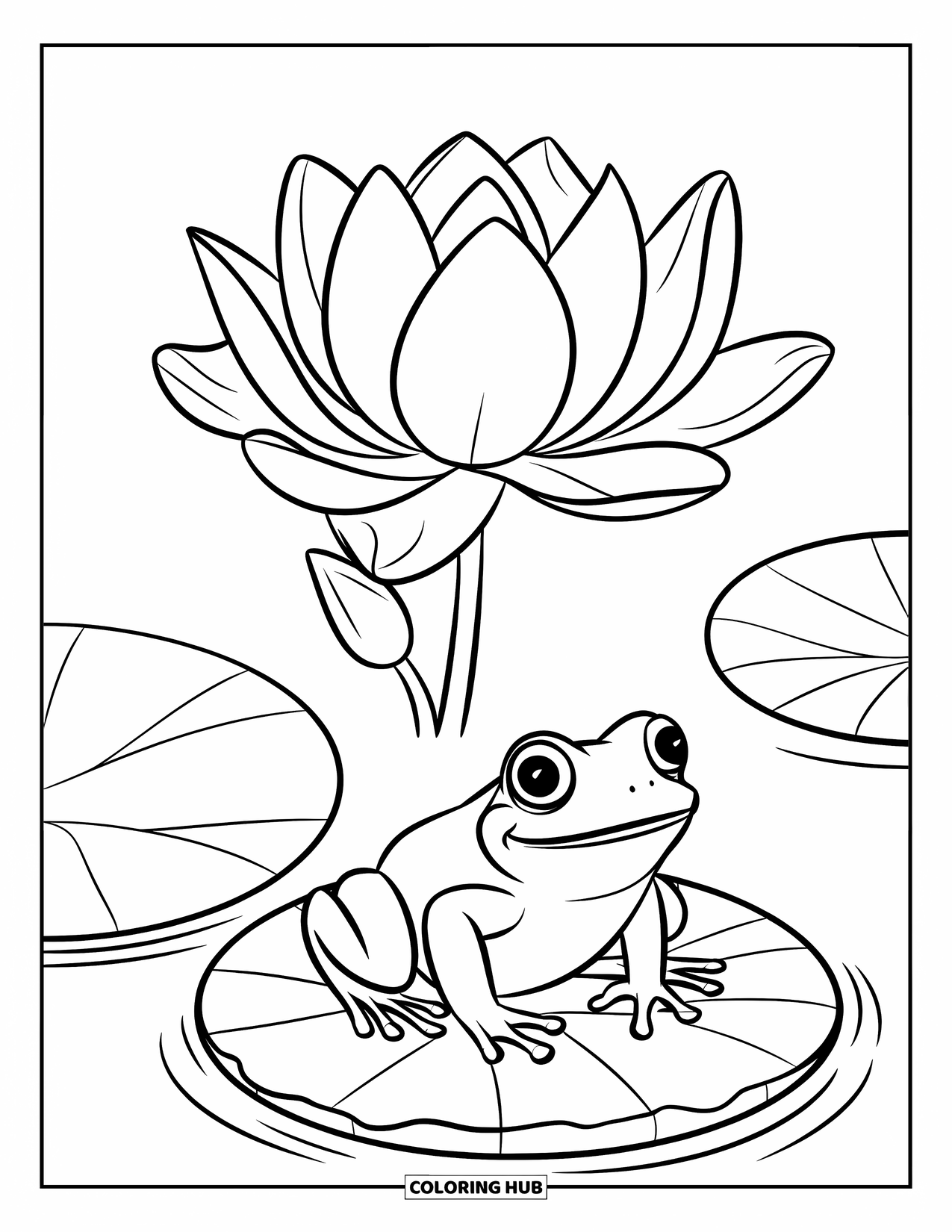 Lotus Coloring Page for Kids: Smiling frog and blooming lotus float side by side