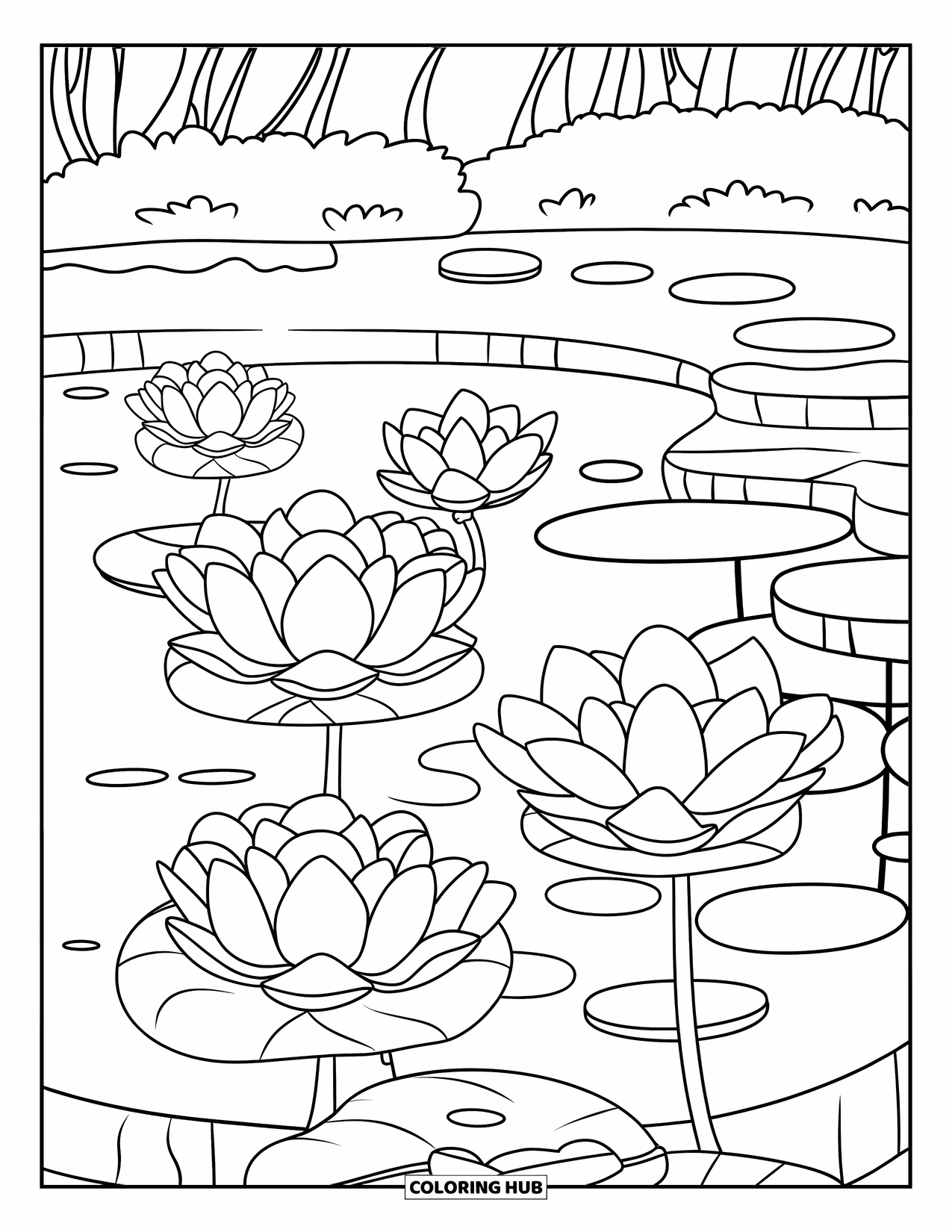 Lotus Coloring Page for Kids: Stepping stones lead through a pond with blooming lotus flowers