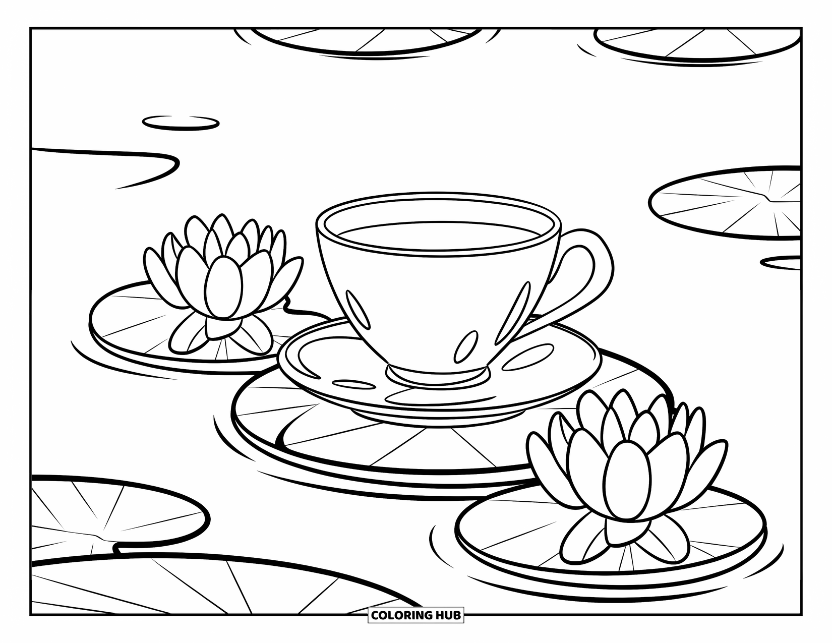 Lotus Coloring Page for Kids: Teacup floats on a lily pad beside two lotus flowers