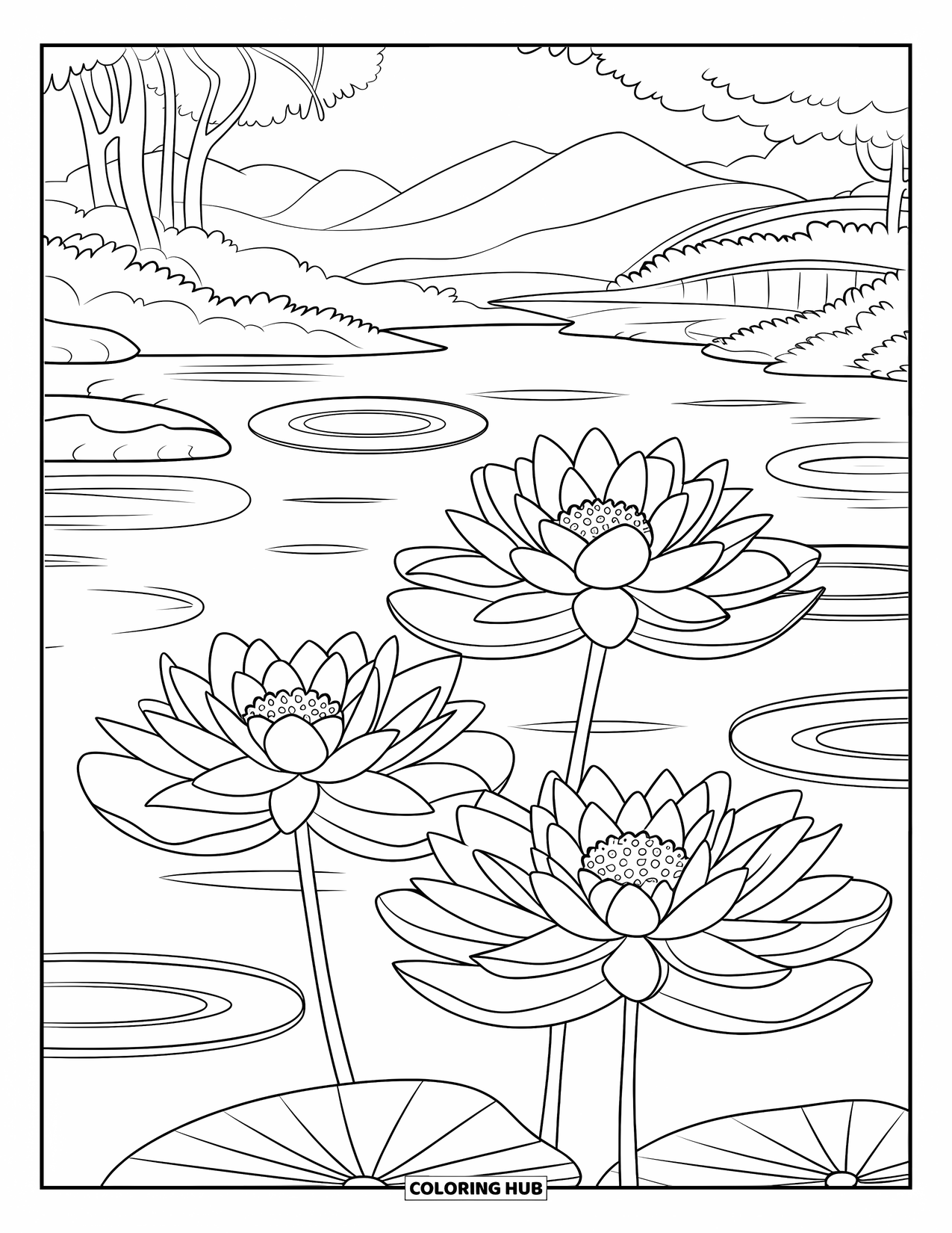 Lotus Coloring Page for Kids: Three large lotus flowers float on calm pond with mountain views