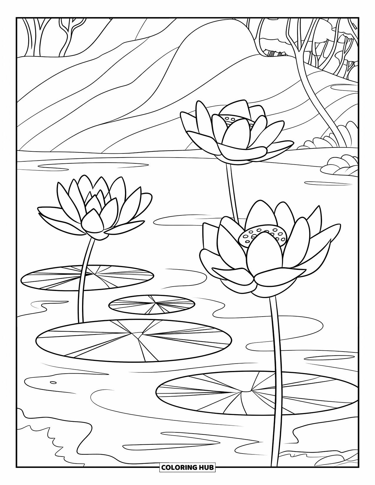 Lotus Coloring Page for Kids: Three lotus flowers bloom gently on a peaceful pond with distant mountains