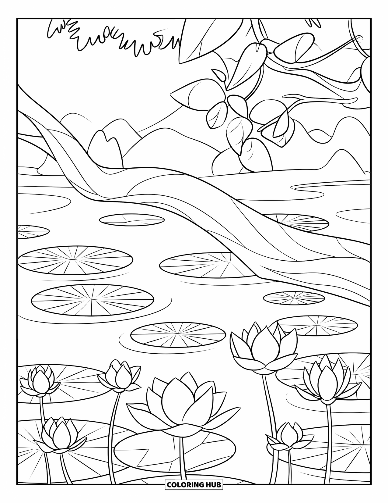 Lotus Coloring Page for Kids: Tree branch hangs low over a lotus pond filled with blooming flowers