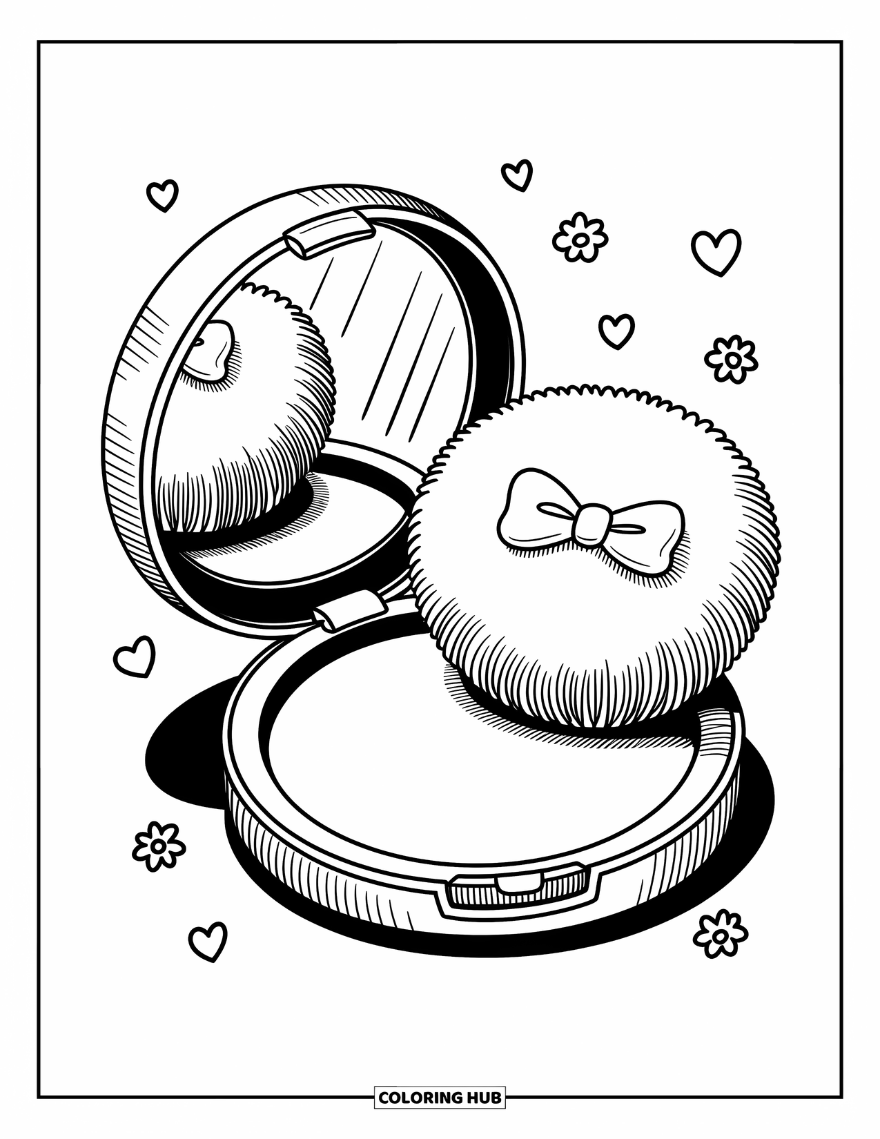 Makeup Coloring Page for Adults: Compact case opens to reveal a puff with a bow and soft powder