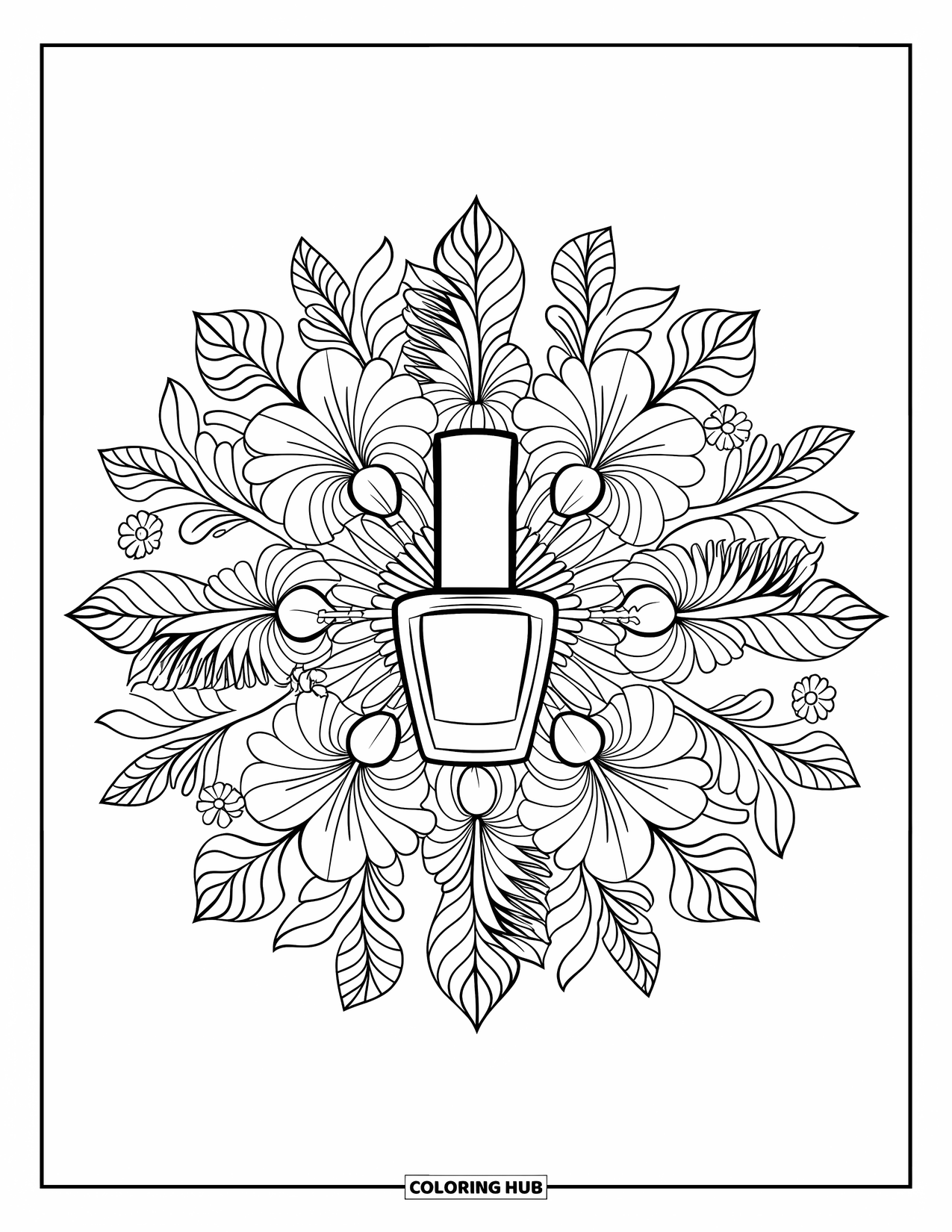 Makeup Coloring Page for Adults: Detailed mandala of leaves and hibiscus around nail polish