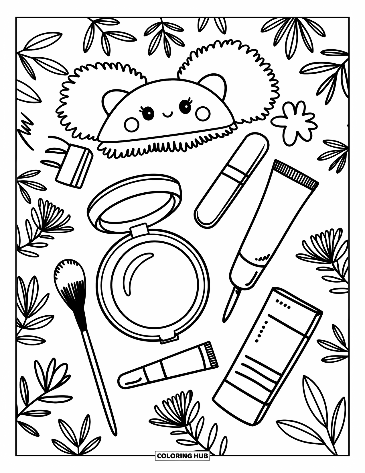 Makeup Coloring Page for Adults: Flat layout of makeup items with flowers and cozy patterns