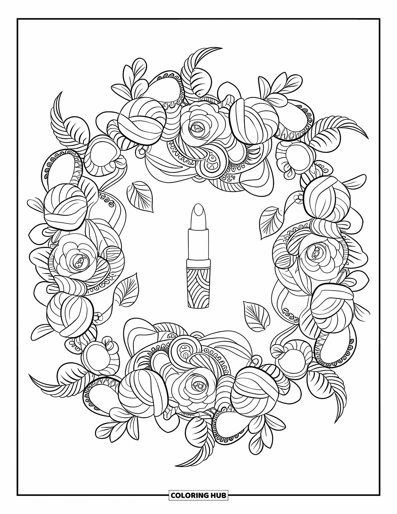 Makeup Coloring Page for Adults: Lipstick in the middle of a blooming rose mandala