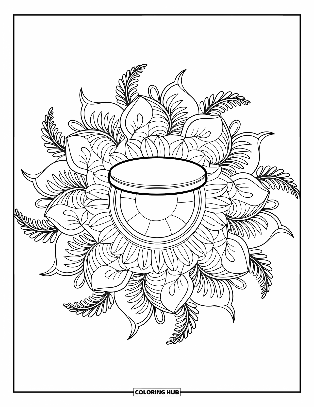 Makeup Coloring Page for Adults: Lotus-inspired mandala with a blush compact at the center