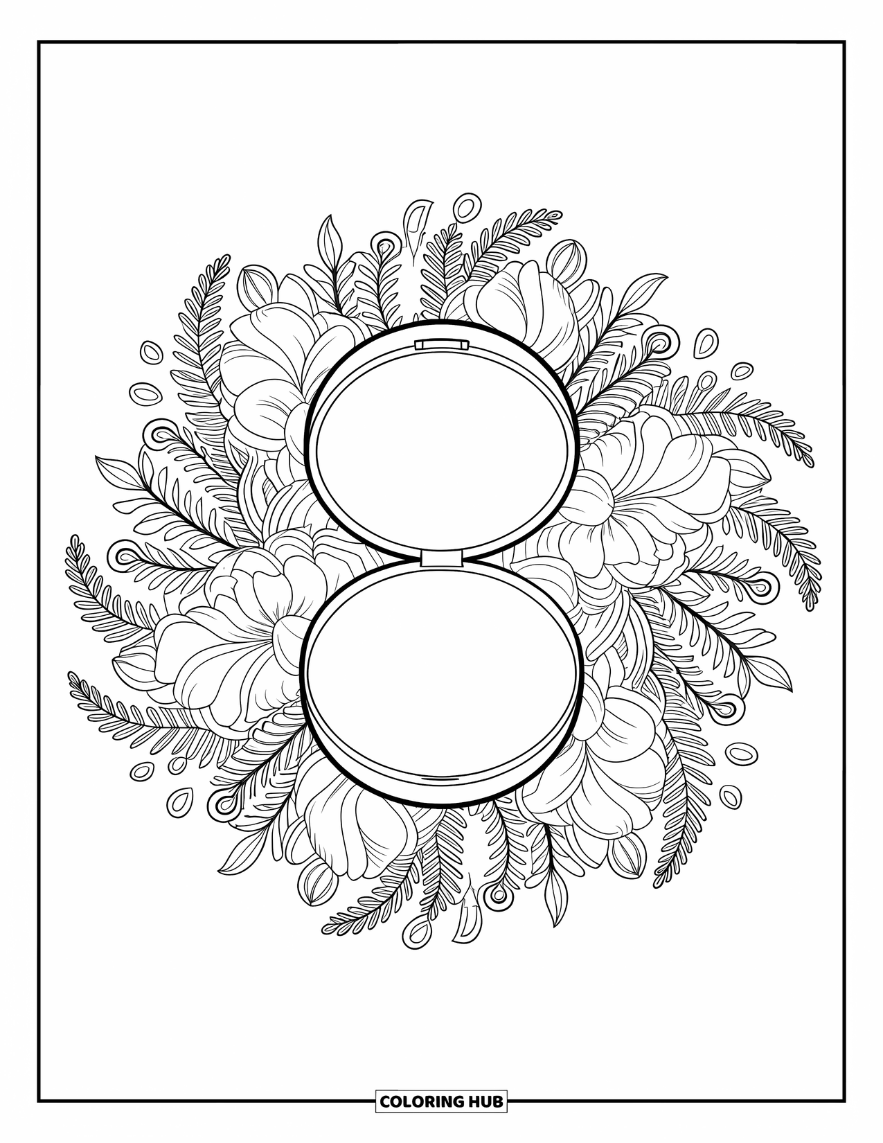 Makeup Coloring Page for Adults: Mandala of peonies and ferns with a compact and puff