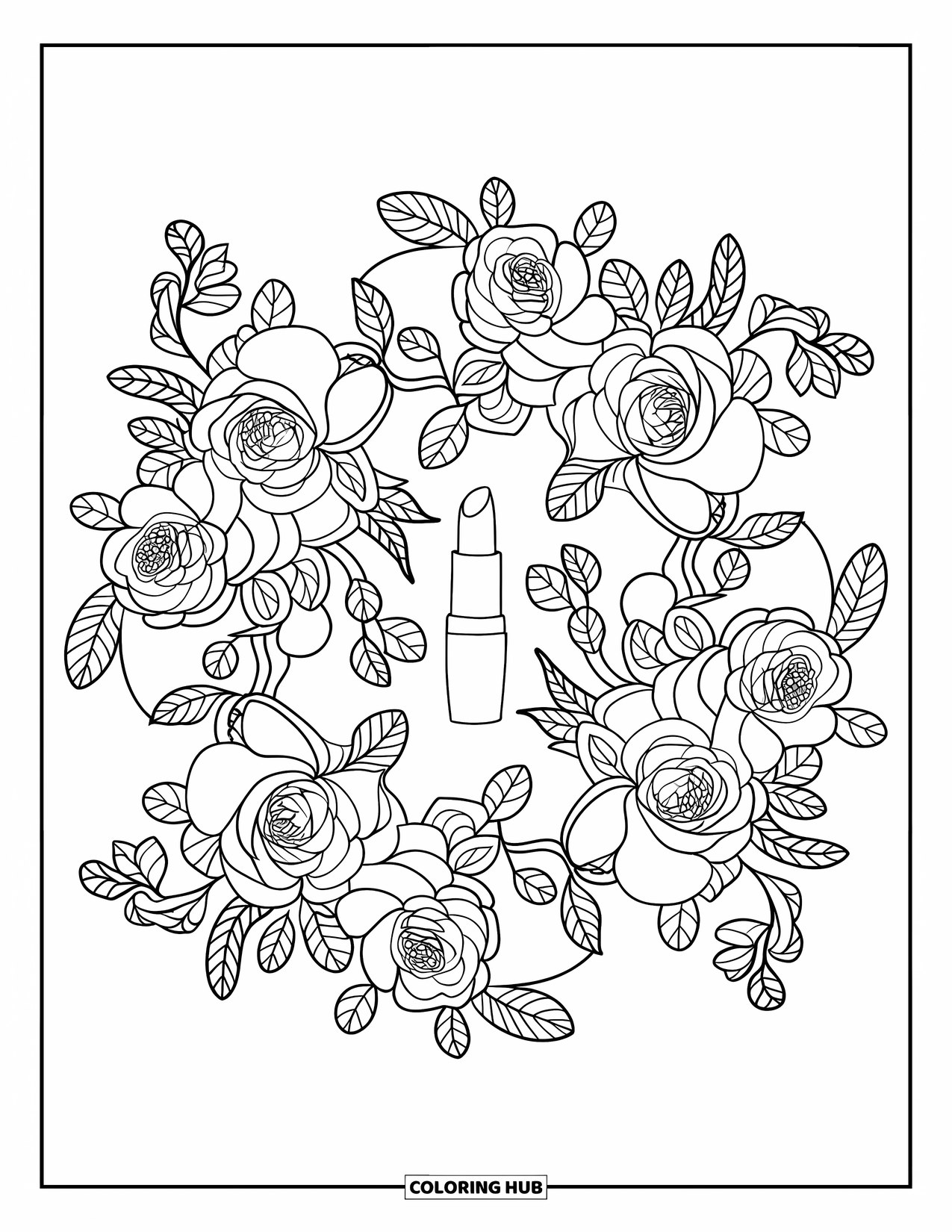 Makeup Coloring Page for Adults: Mandala of roses and vines wrapped around a lipstick
