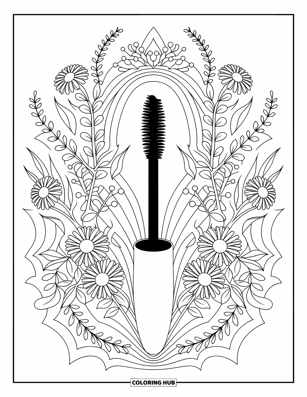 Makeup Coloring Page for Adults: Mascara wand at the center of a daisy and eucalyptus mandala