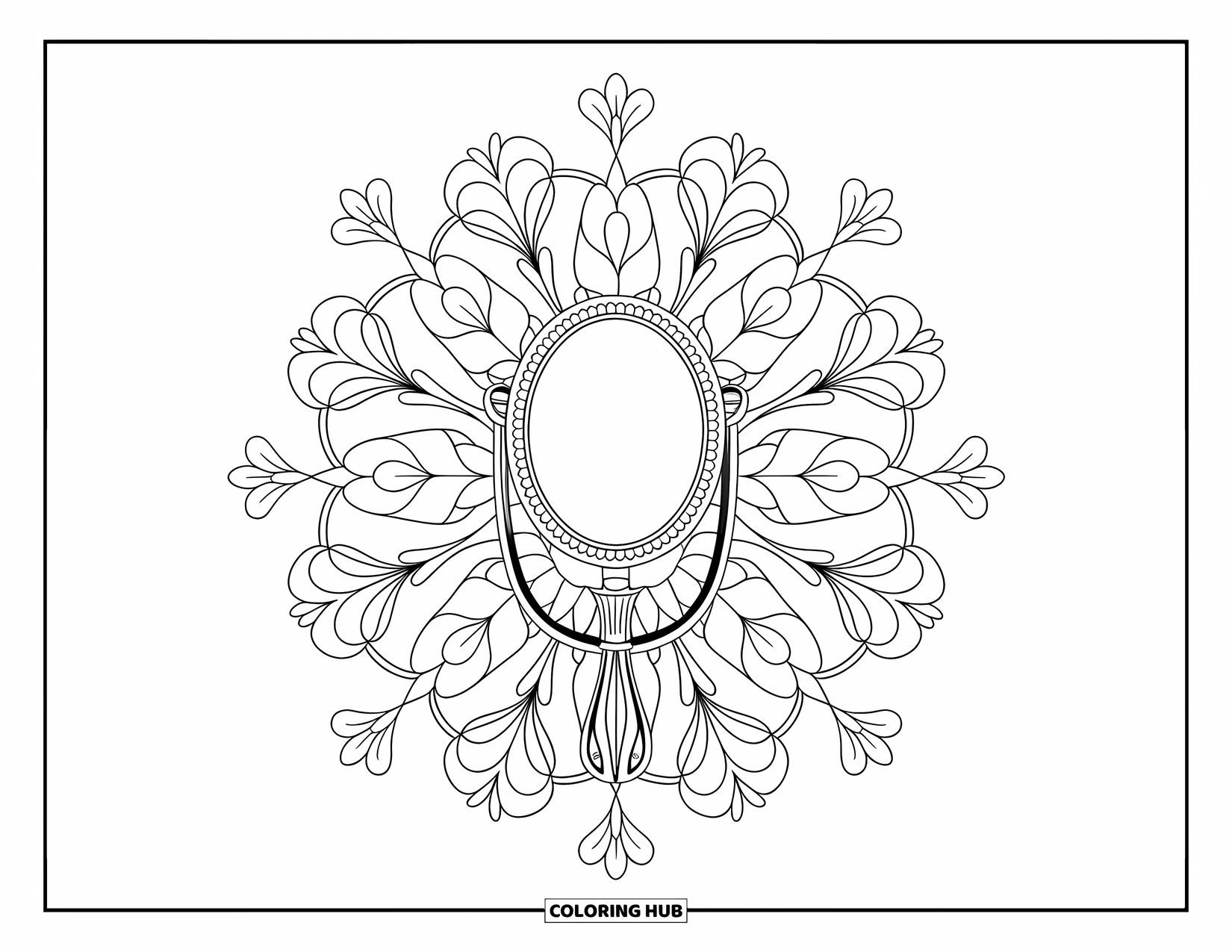 Makeup Coloring Page for Adults: Mirror surrounded by floral mandala with ivy and layered petals