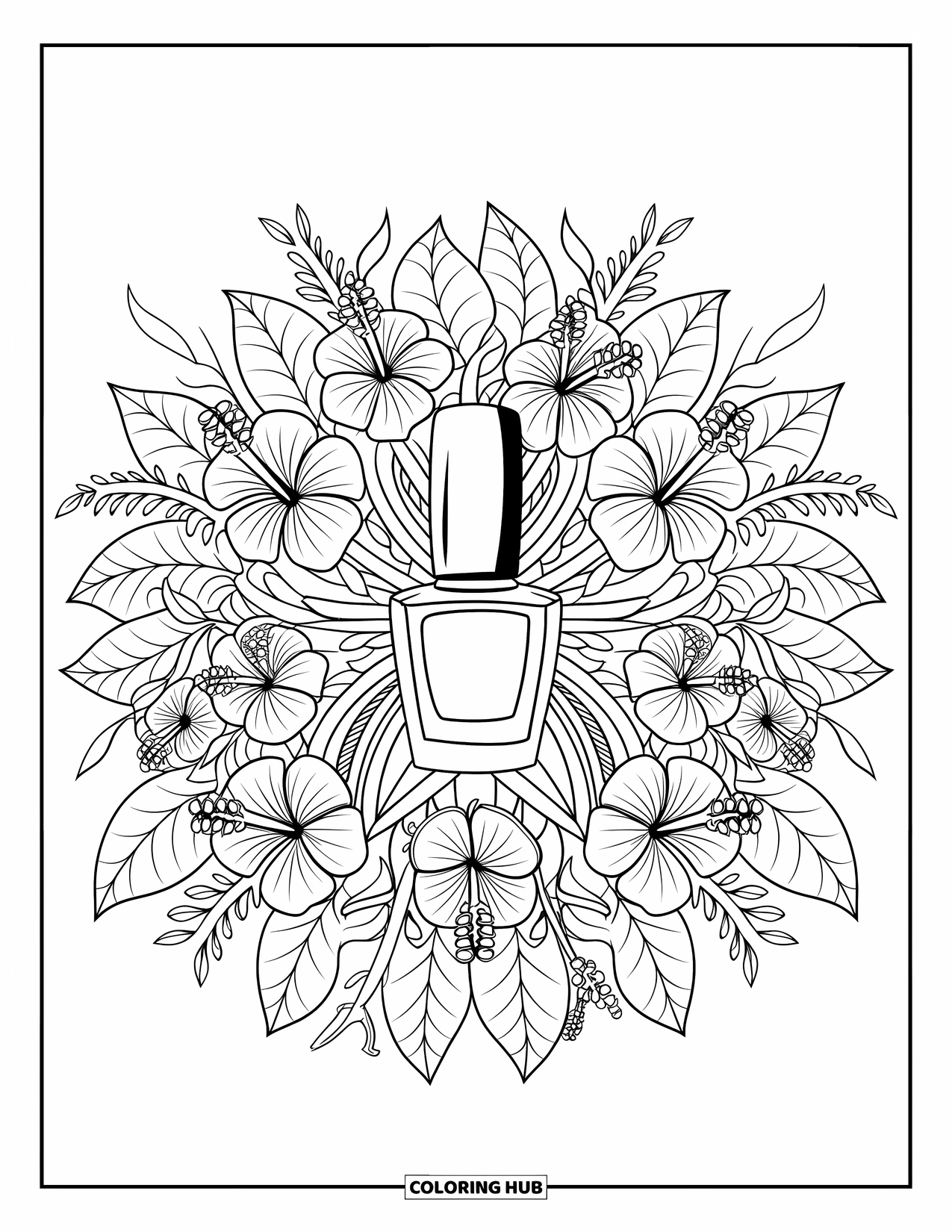 Makeup Coloring Page for Adults: Nail polish bottle at the center of a tropical floral mandala
