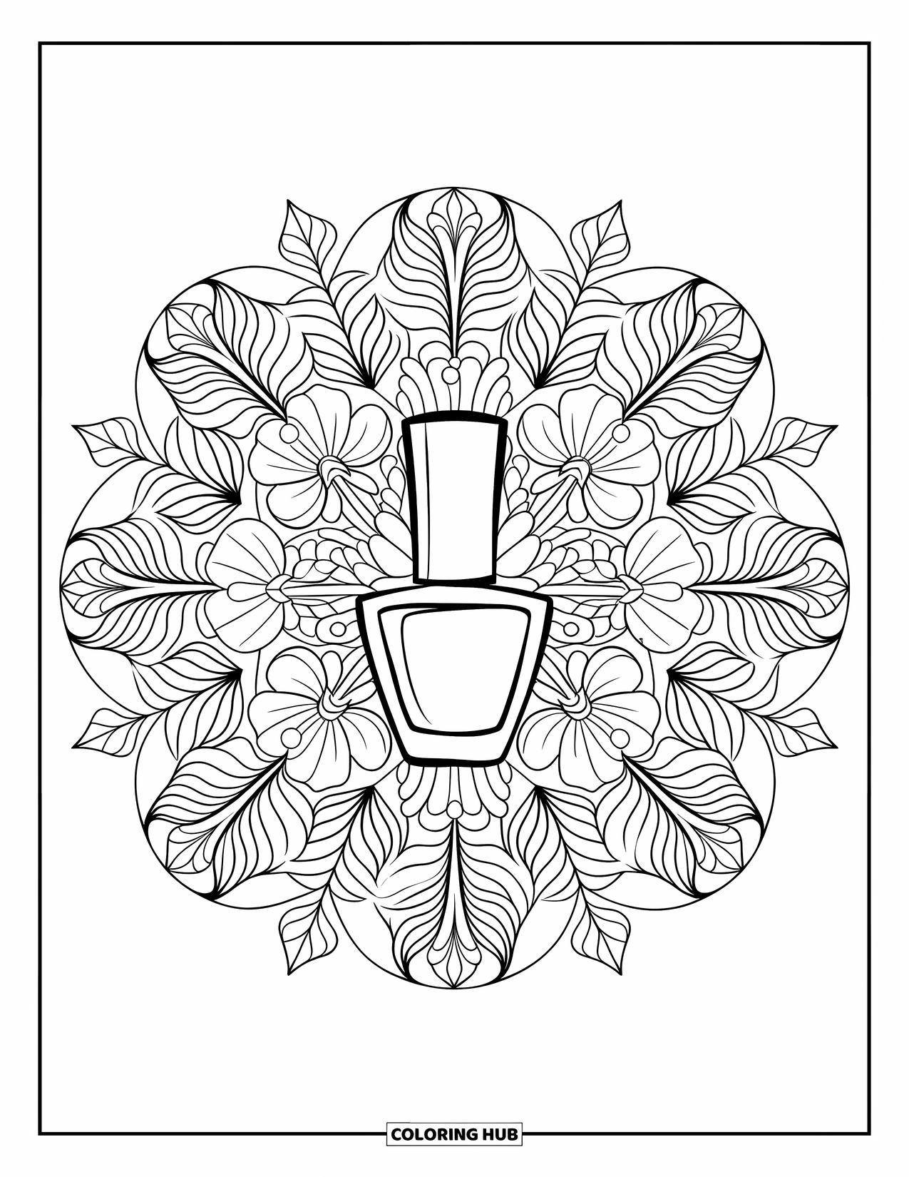 Makeup Coloring Page for Adults: Nail polish bottle surrounded by a tropical leaf mandala