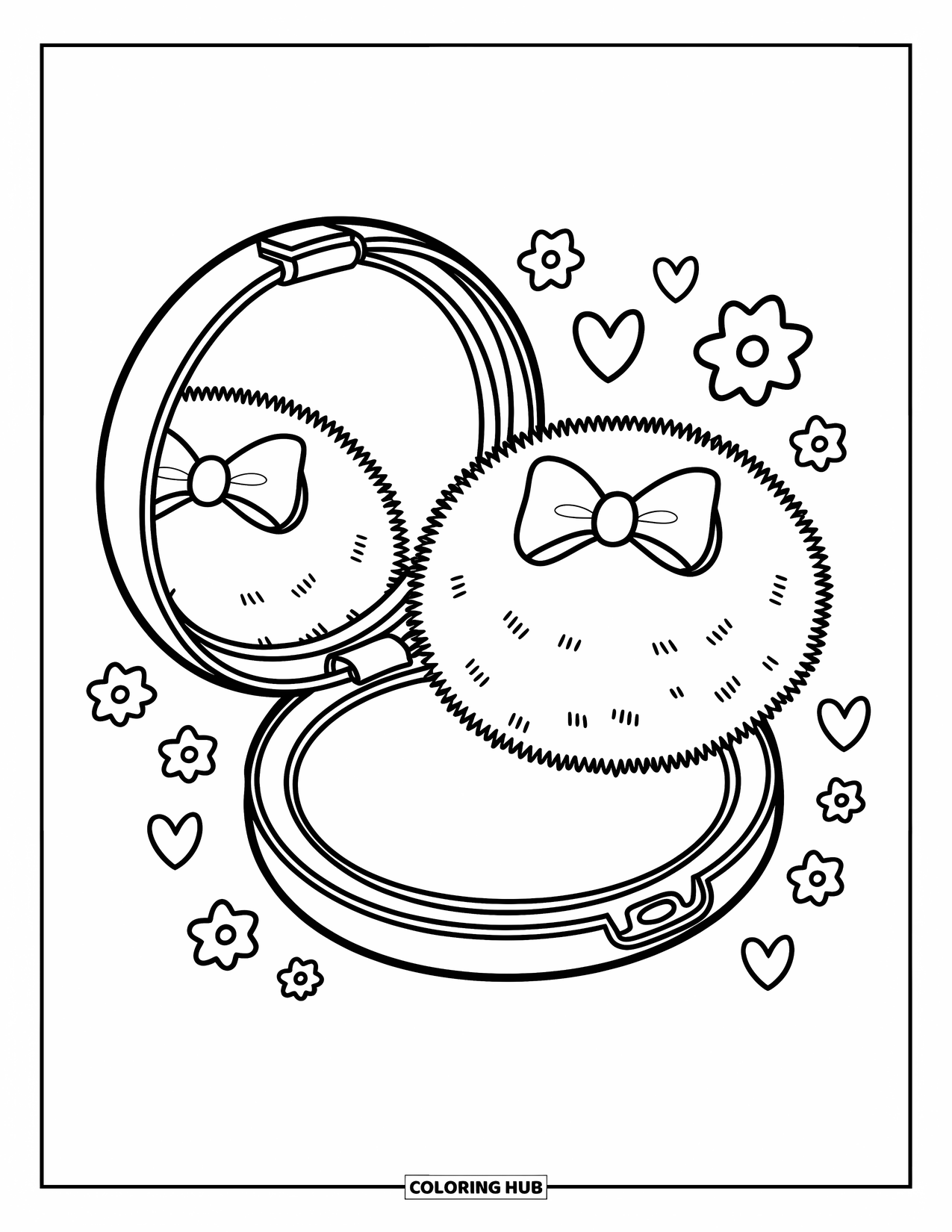 Makeup Coloring Page for Adults: Open compact showing powder and puff with cozy little details