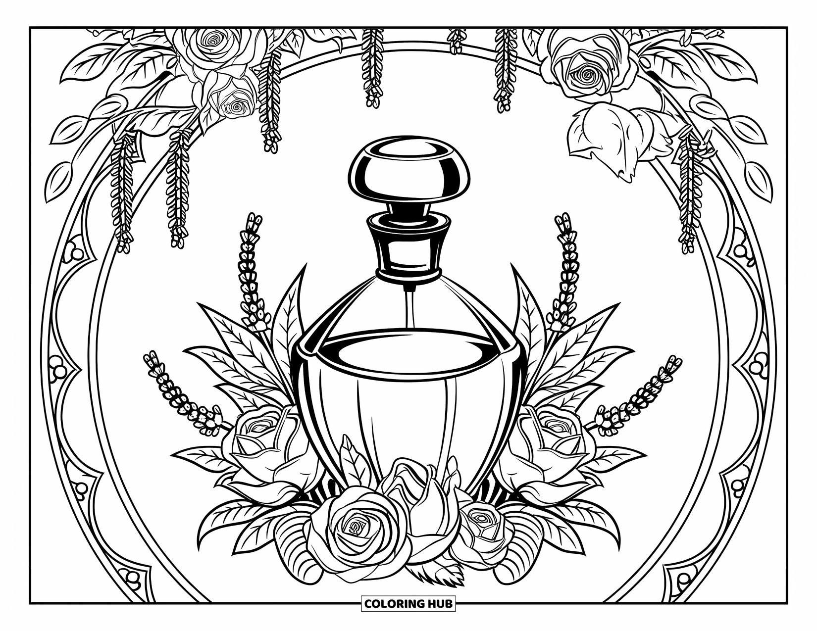 Makeup Coloring Page for Adults: Perfume bottle nestled in a mandala of roses and vines