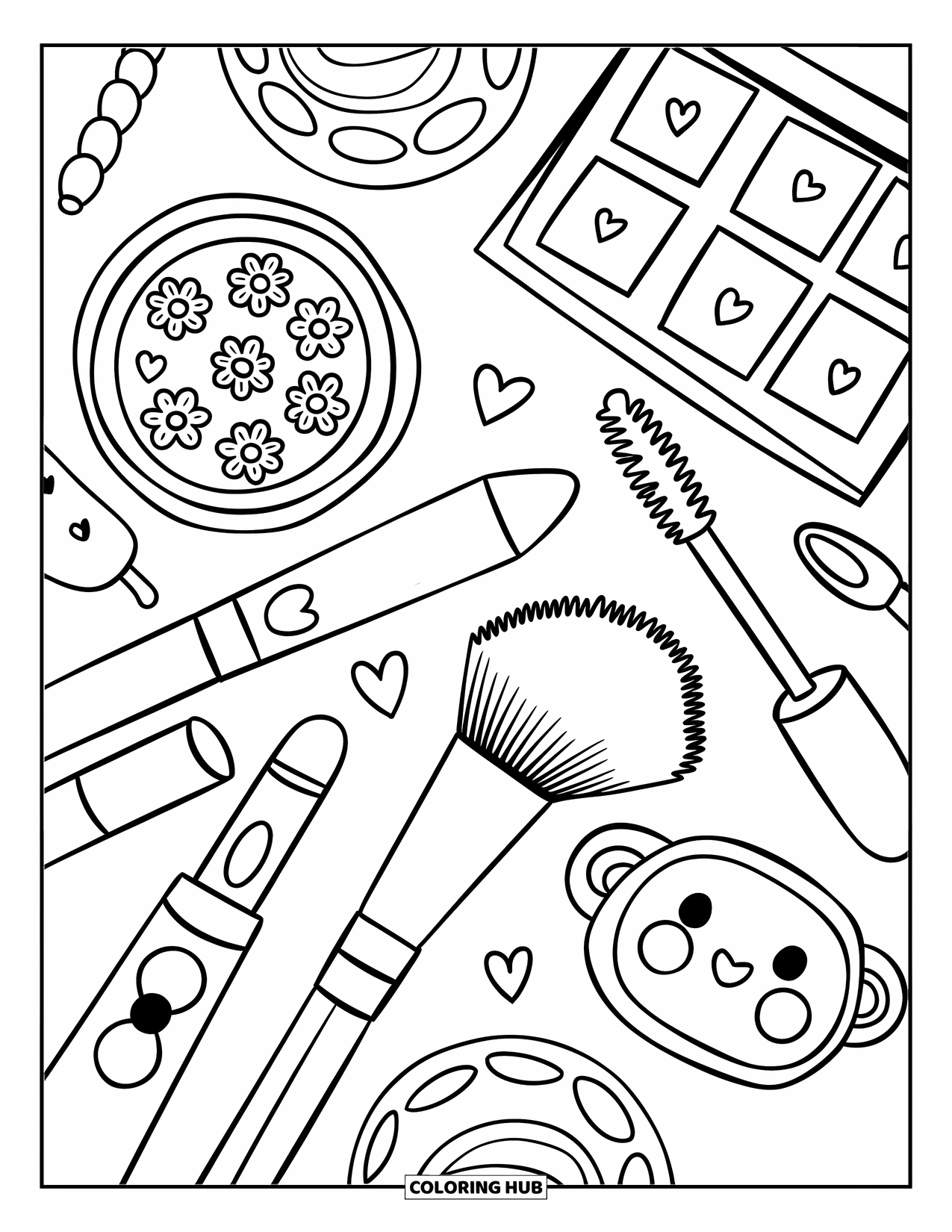 Makeup Coloring Page for Adults: Top-down view of adorable beauty items and playful patterns