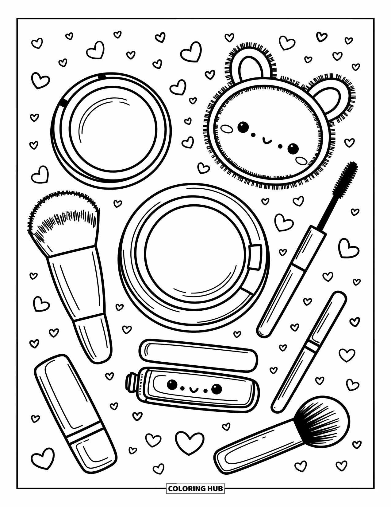 Makeup Coloring Page for Adults: Top view of cute makeup essentials including a fluffy brush and lip balm