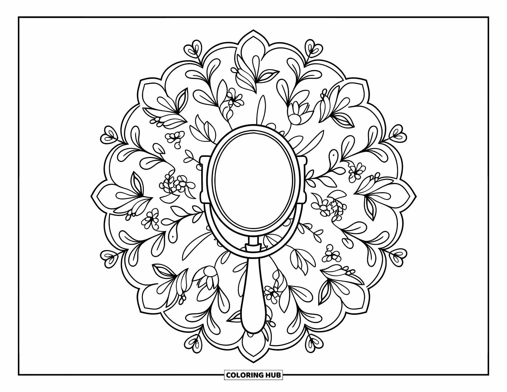 Makeup Coloring Page for Adults: Vanity mirror centered in a floral mandala of petals and ivy