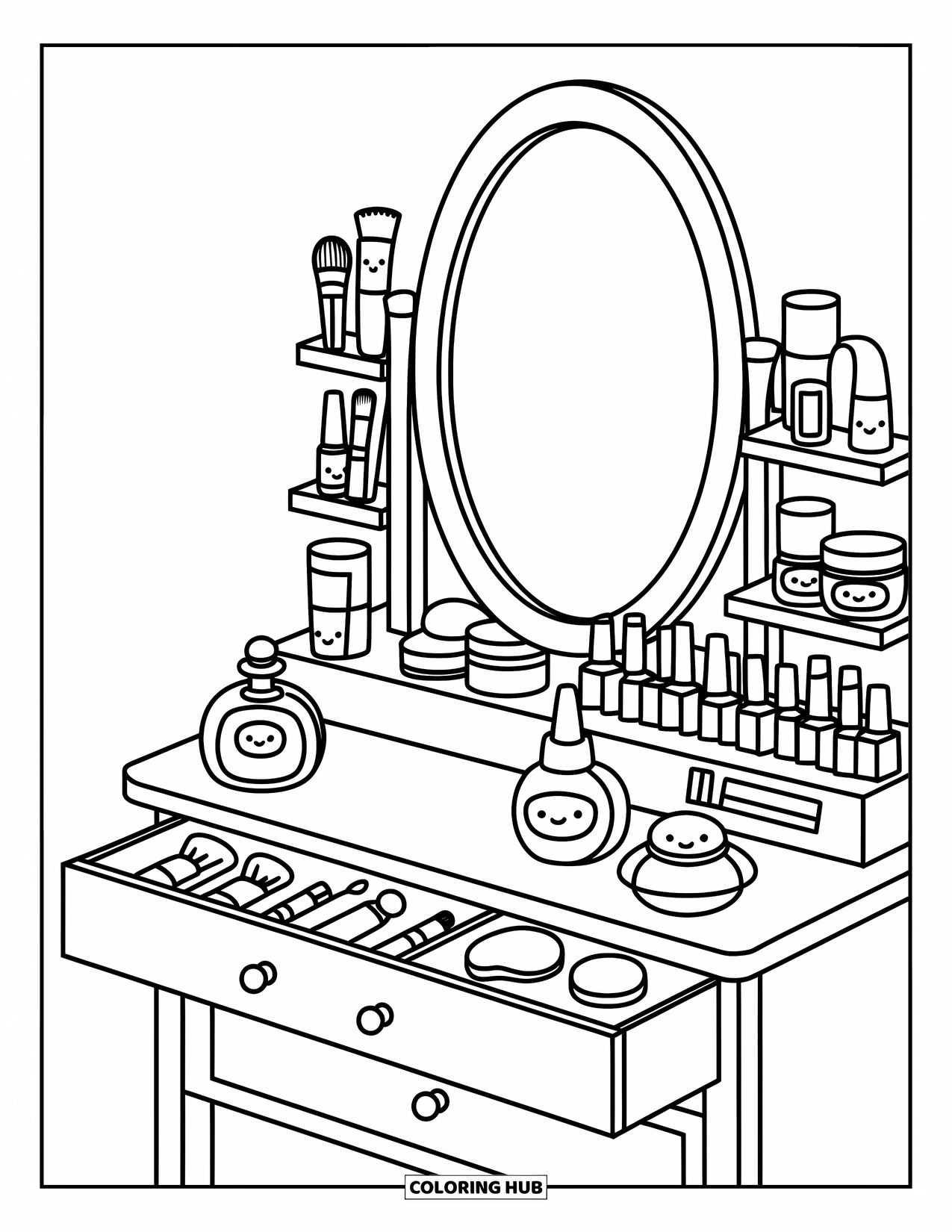 Makeup Coloring Page for Adults: Vanity table filled with cute makeup jars and brushes