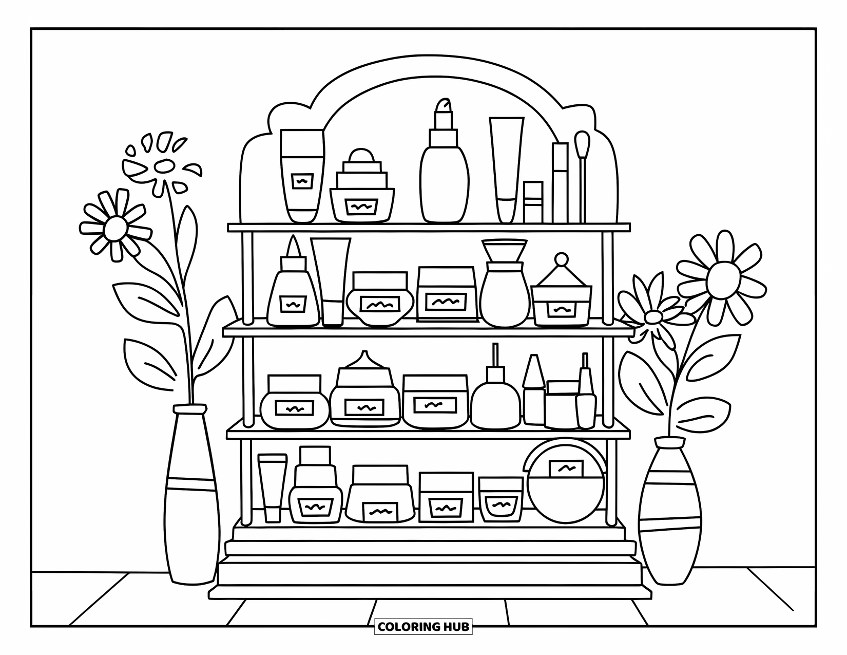 Makeup Coloring Page for Kids: Beauty shelf with jars, creams, powders, and flowers