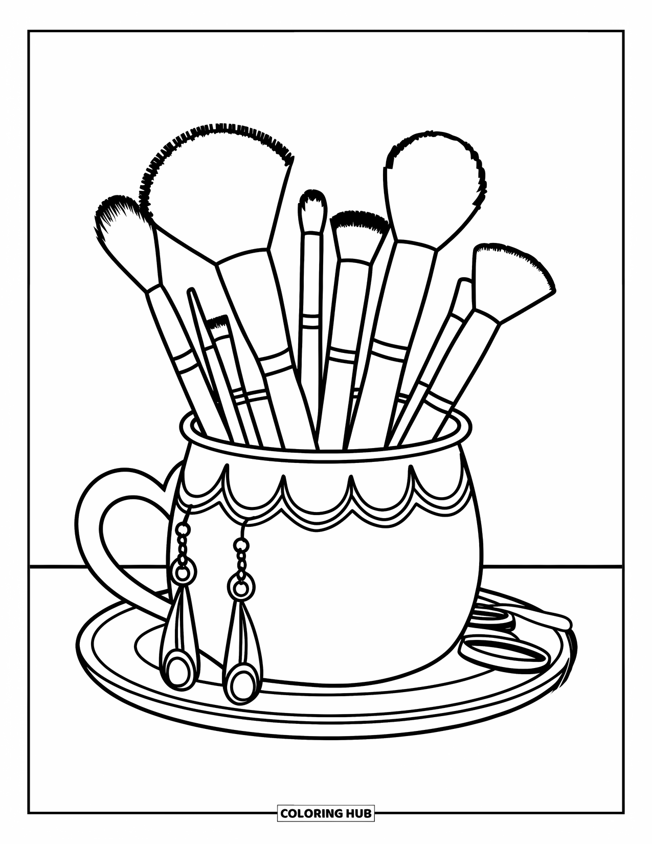 Makeup Coloring Page for Kids: Brushes in a fancy cup with earrings and a ring
