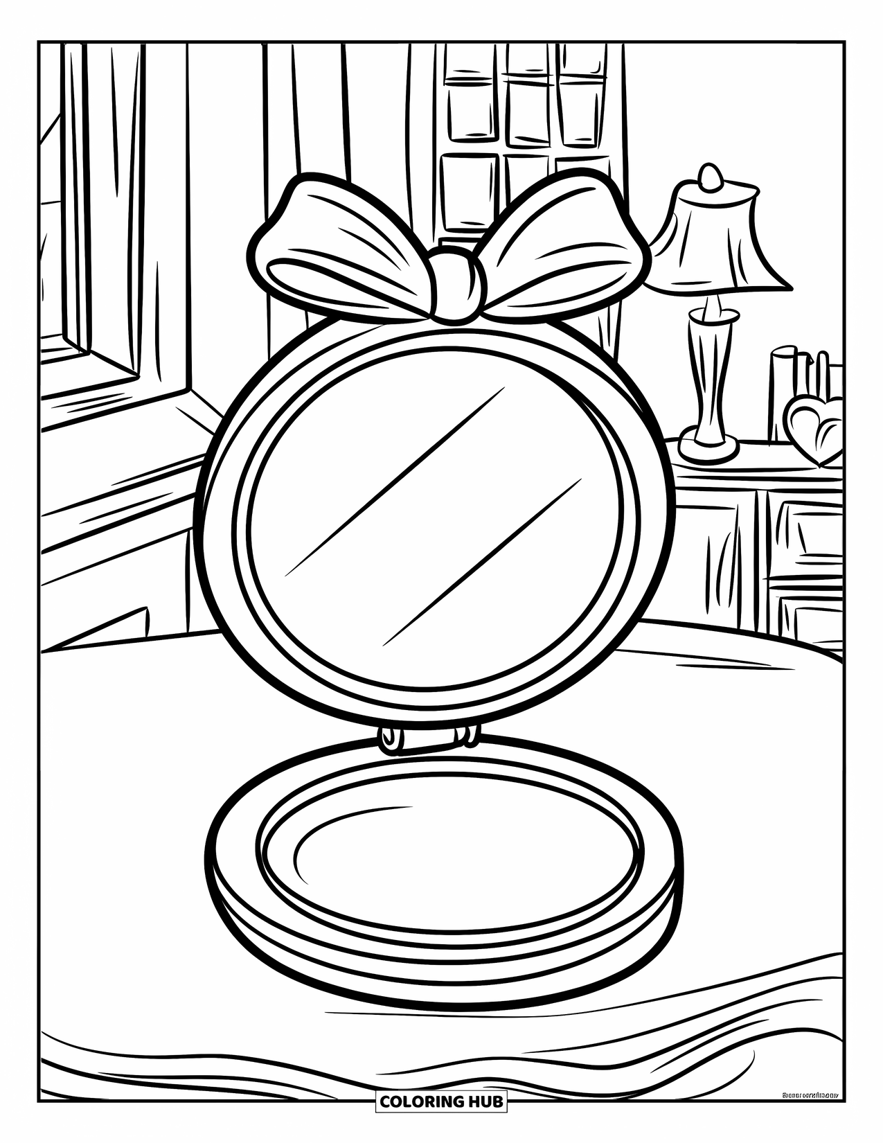 Makeup Coloring Page for Kids: Compact mirror on a table with room decorations