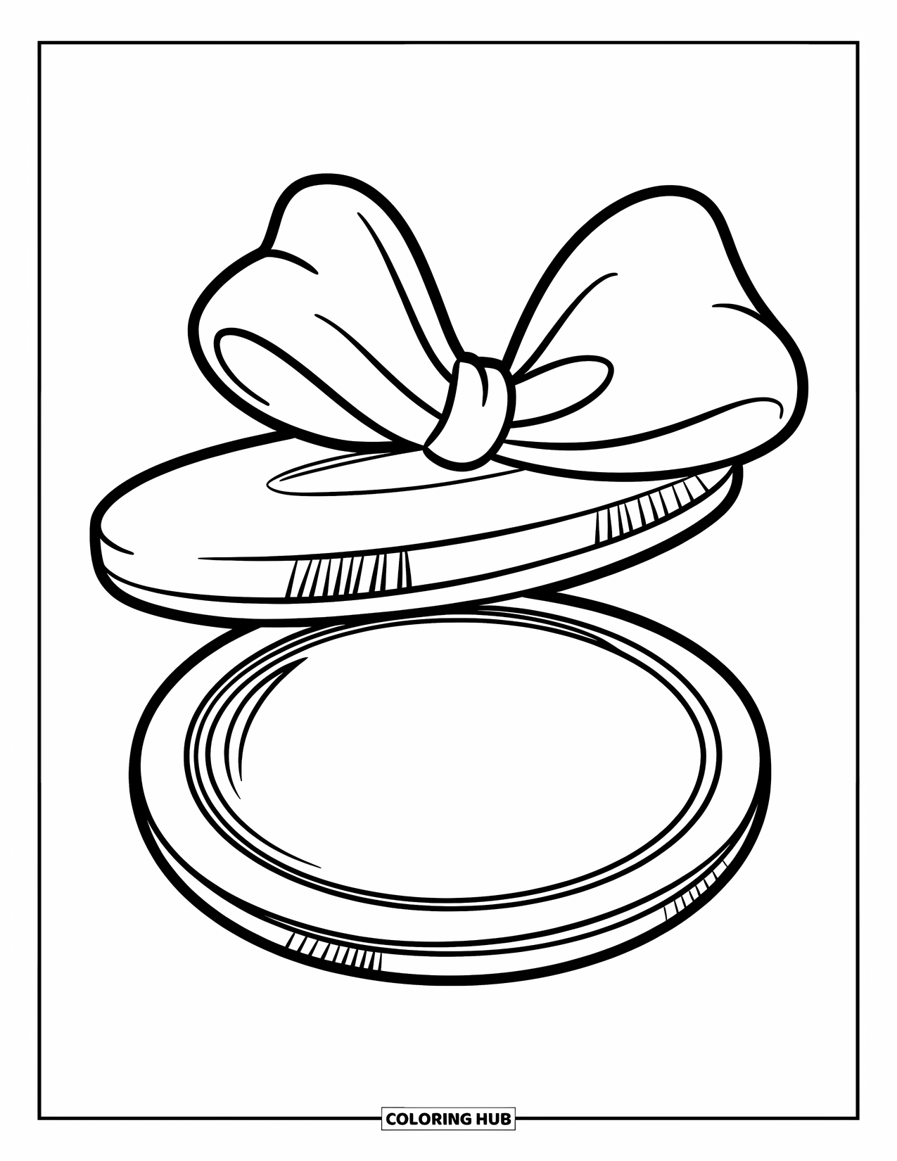 Makeup Coloring Page for Kids: Compact mirror with a bow sitting on a round base