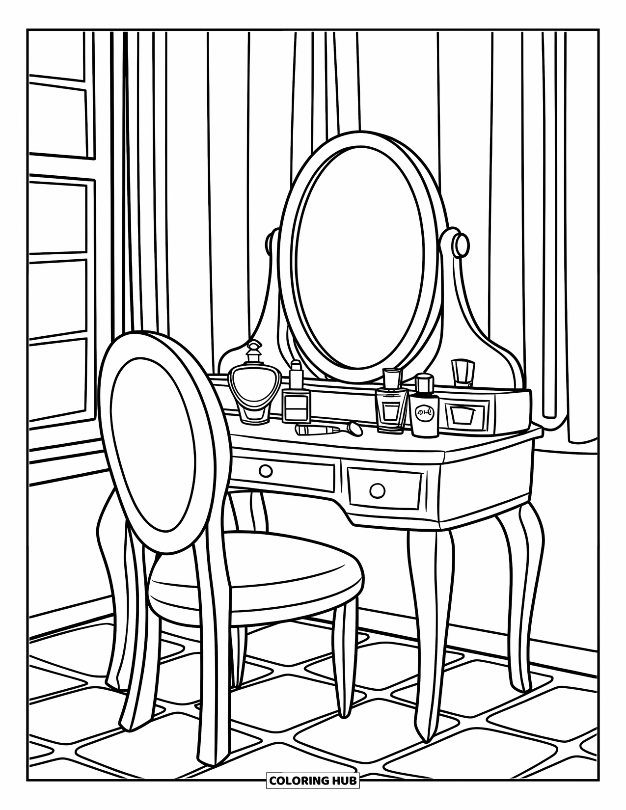 Makeup Coloring Page for Kids: Cozy vanity setup with mirror, jars, and a chair