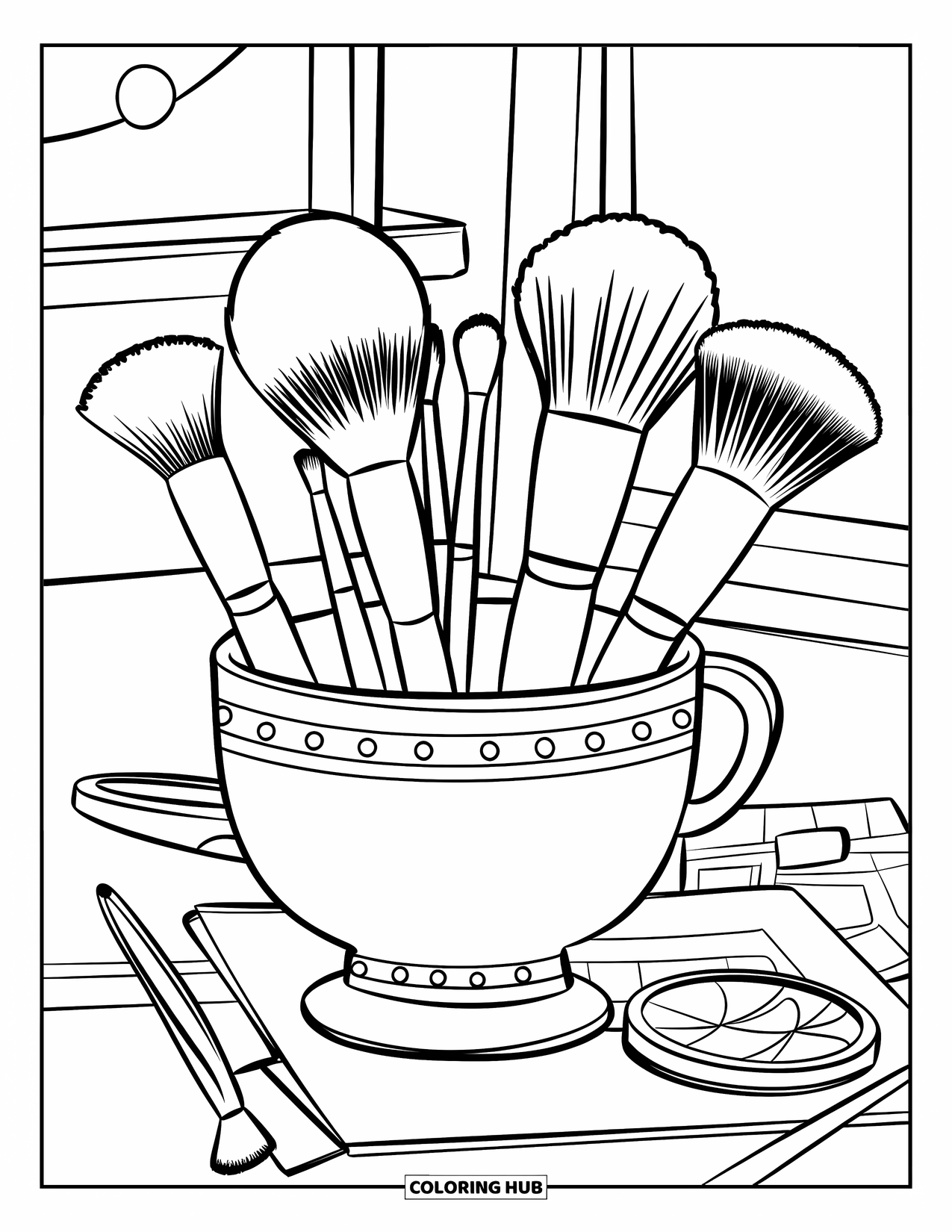 Makeup Coloring Page for Kids: Cup of makeup brushes with fun shapes and sizes