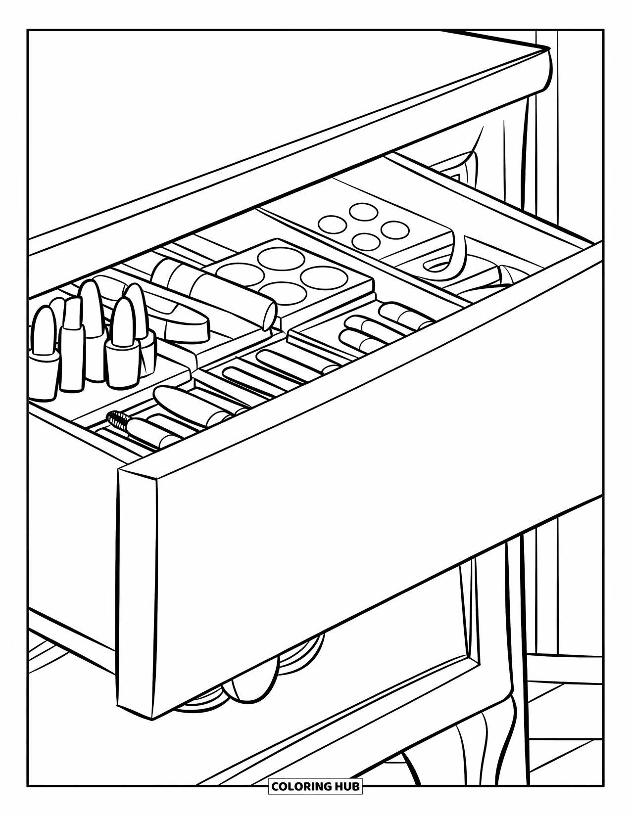 Makeup Coloring Page for Kids: Cute drawer with makeup, a bow, and friendly face