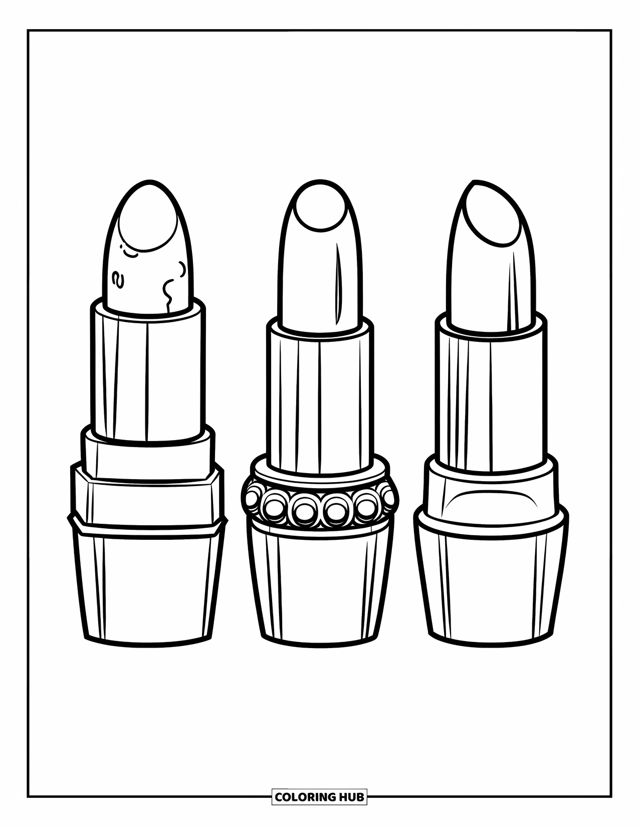 Makeup Coloring Page for Kids: Designer lipsticks with unique caps in a modern style
