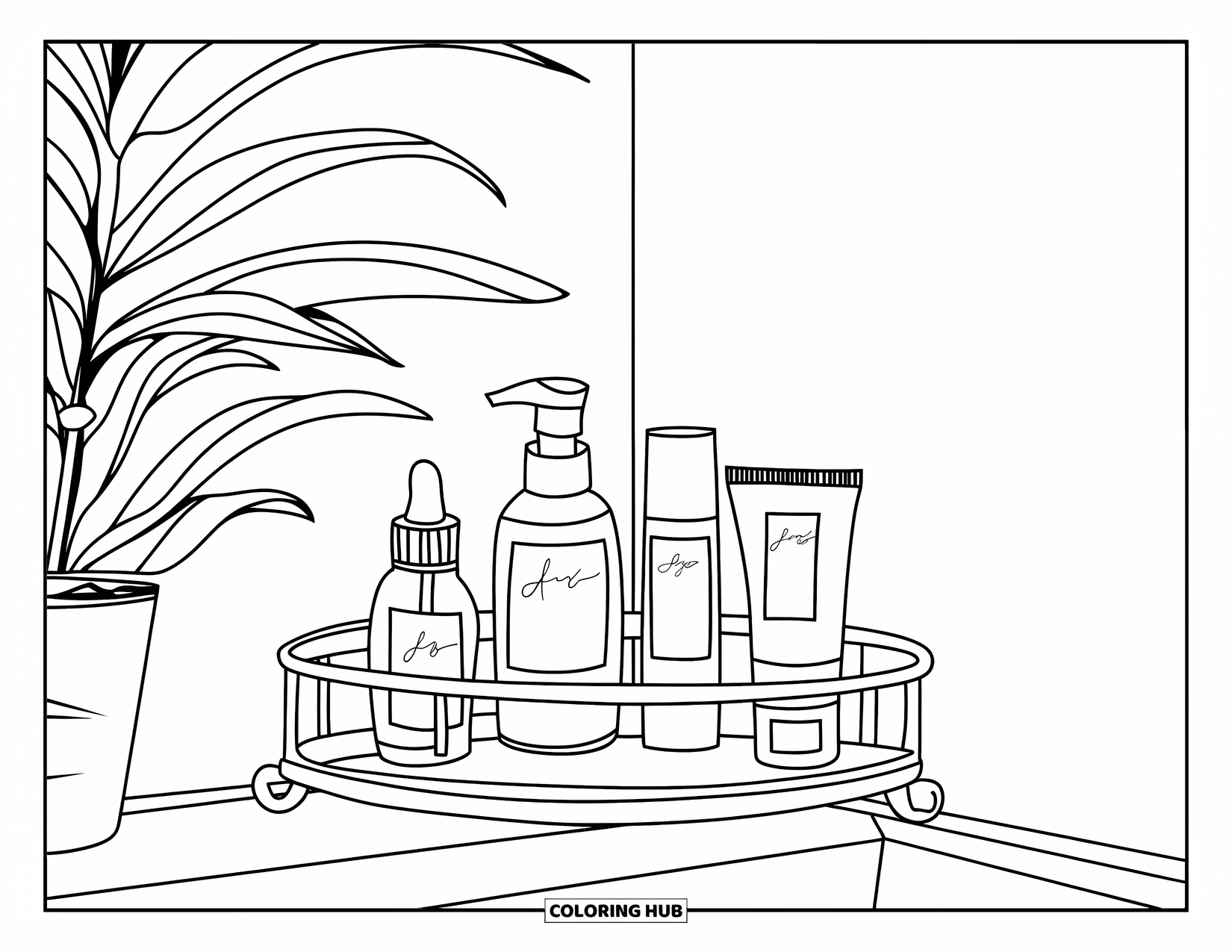 Makeup Coloring Page for Kids: Elegant corner shelf with beauty bottles and a potted plant