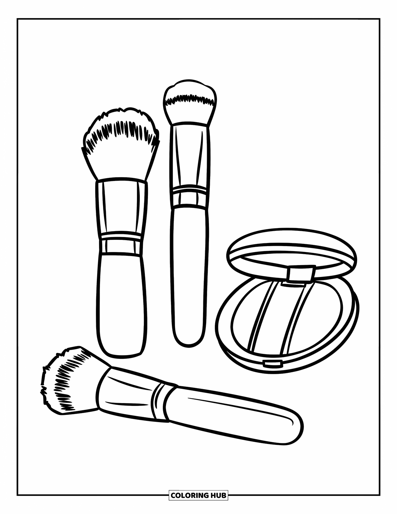 Makeup Coloring Page for Kids: Foundation, blush, and concealer brushes lined up