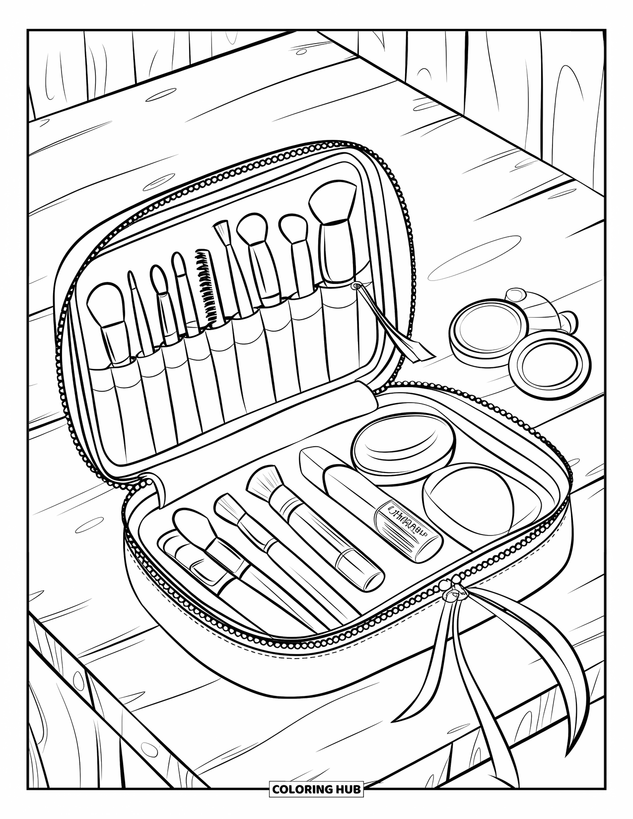 Makeup Coloring Page for Kids: Glam pouch with beauty tools and a cute ribbon
