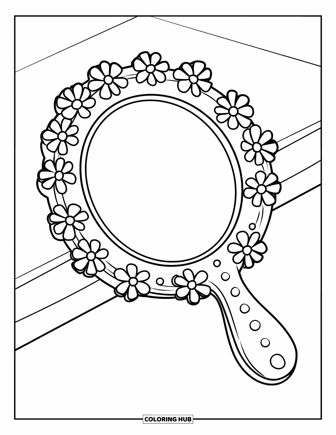 Makeup Coloring Page for Kids: Handheld mirror with little flower accents on the handle