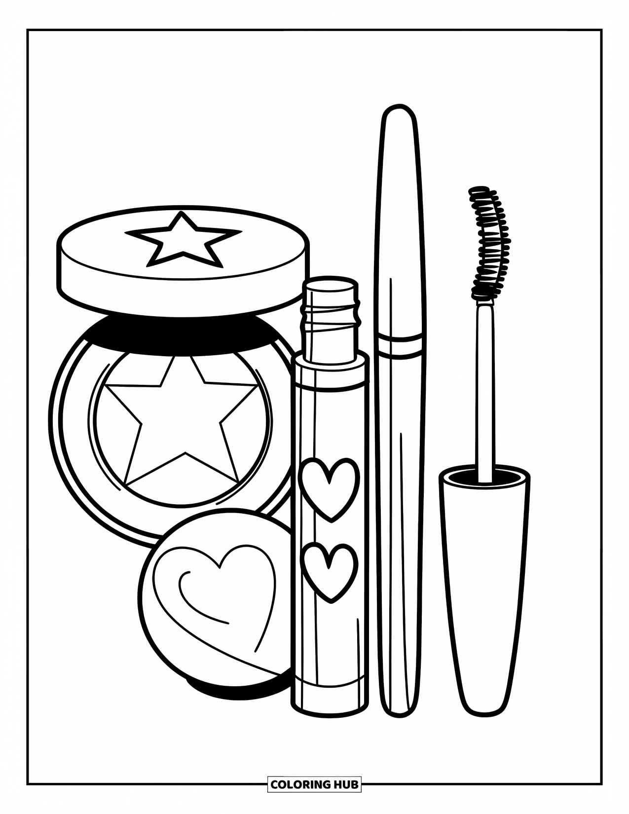 Makeup Coloring Page for Kids: Highlighter, gloss, and mascara with playful designs