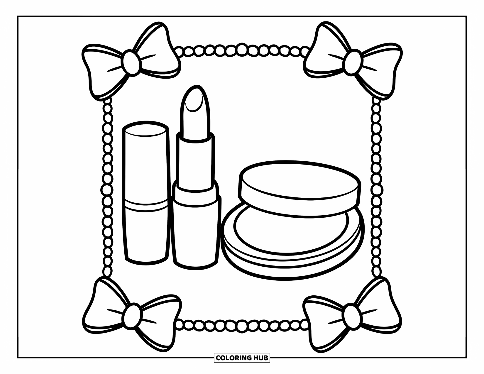 Makeup Coloring Page for Kids: Lipstick and compact duo framed by bows and pearls