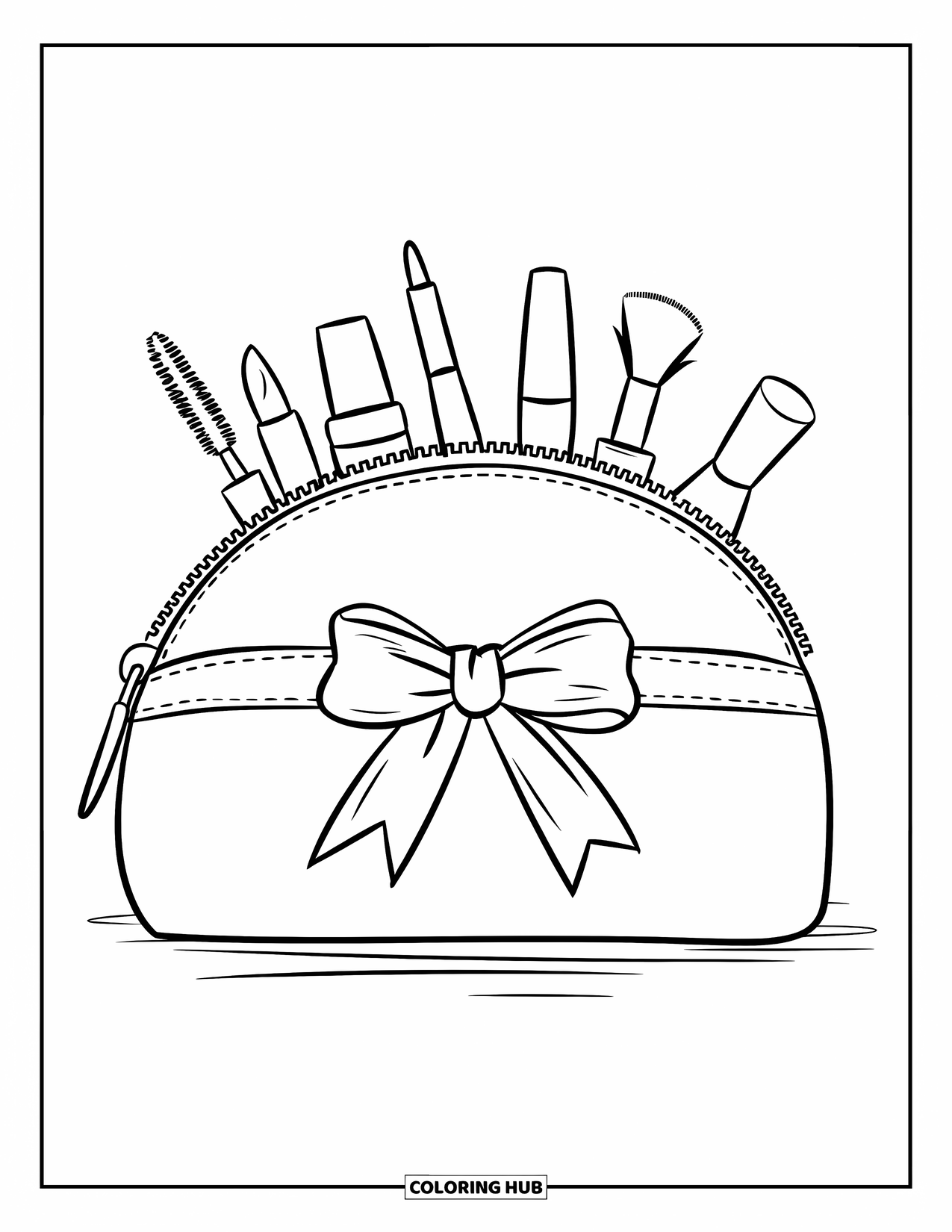 Makeup Coloring Page for Kids: Makeup bag with ribbon, zipper, and beauty tools inside