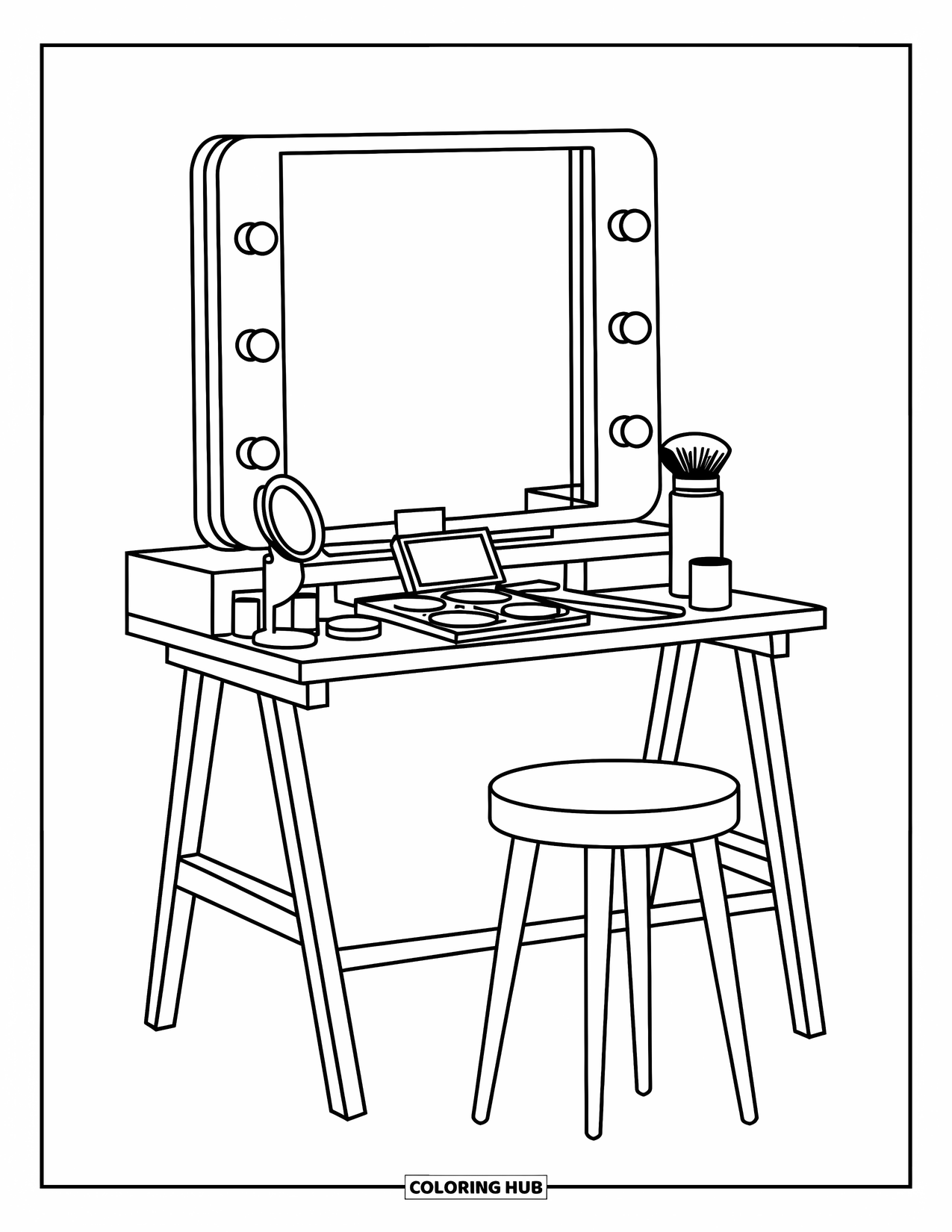 Makeup Coloring Page for Kids: Makeup desk with mirror, lights, palette, and brushes