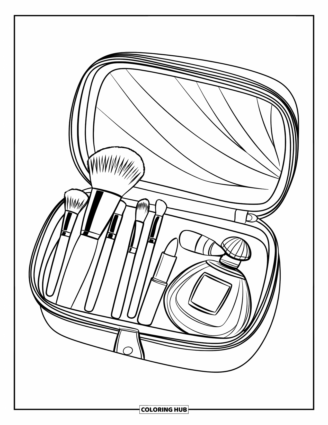 Makeup Coloring Page for Kids: Makeup pouch open with brushes, lipstick, and perfume inside